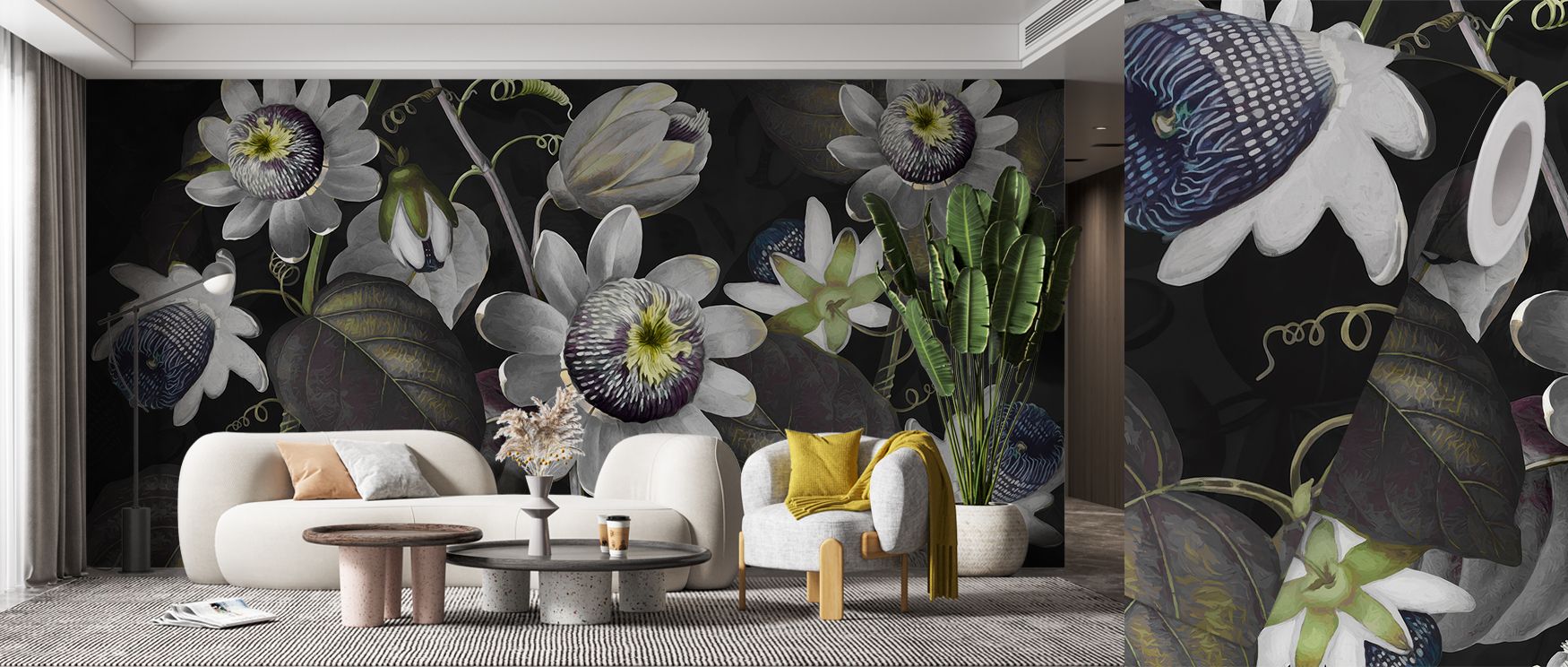 Passifloras Emerging Calm Floral Wallpaper captures delicate passionflowers with graceful artistry. Bedrooms transform into restful sanctuaries, living rooms achieve inviting balance, and offices gain creative calmness, as its floral imagery ensures walls