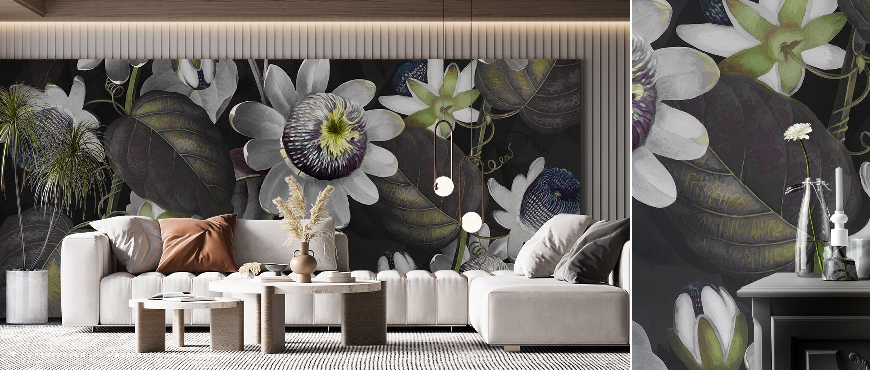 This wallpaper reflects floral elegance through detailed blossoms. Bedrooms feel restful, living rooms vibrant, and offices balanced, as its design celebrates passionflowers, turning walls into artistic expressions filled with calm rhythm, natural sophist