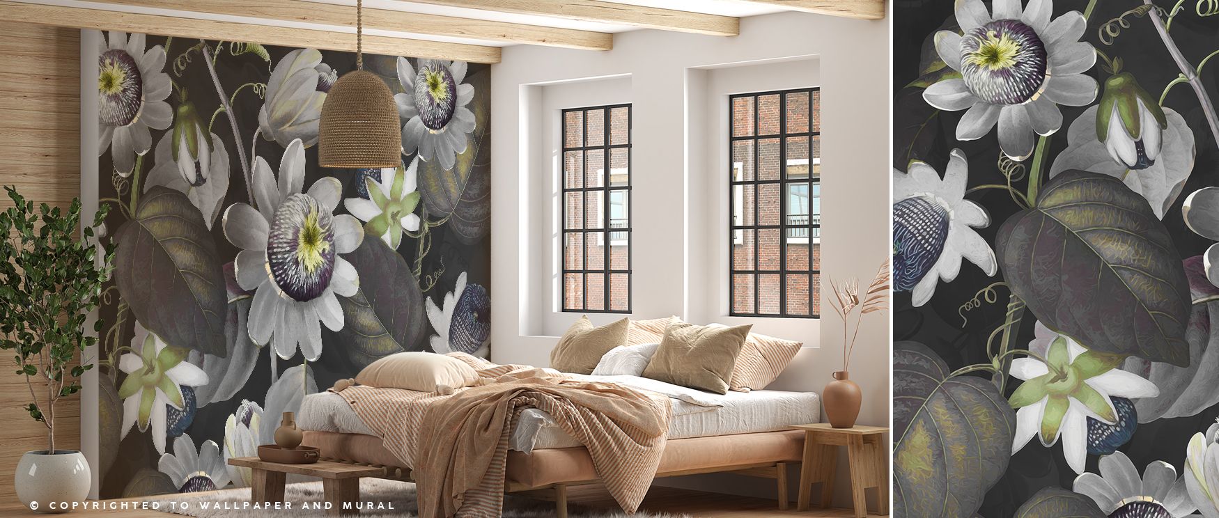 Passifloras Emerging Calm Floral Wallpaper enriches interiors with botanical charm. Bedrooms gain serenity, living rooms elegant rhythm, and offices creative balance, as its imagery offers restful artistry that ensures spaces remain sophisticated, invitin