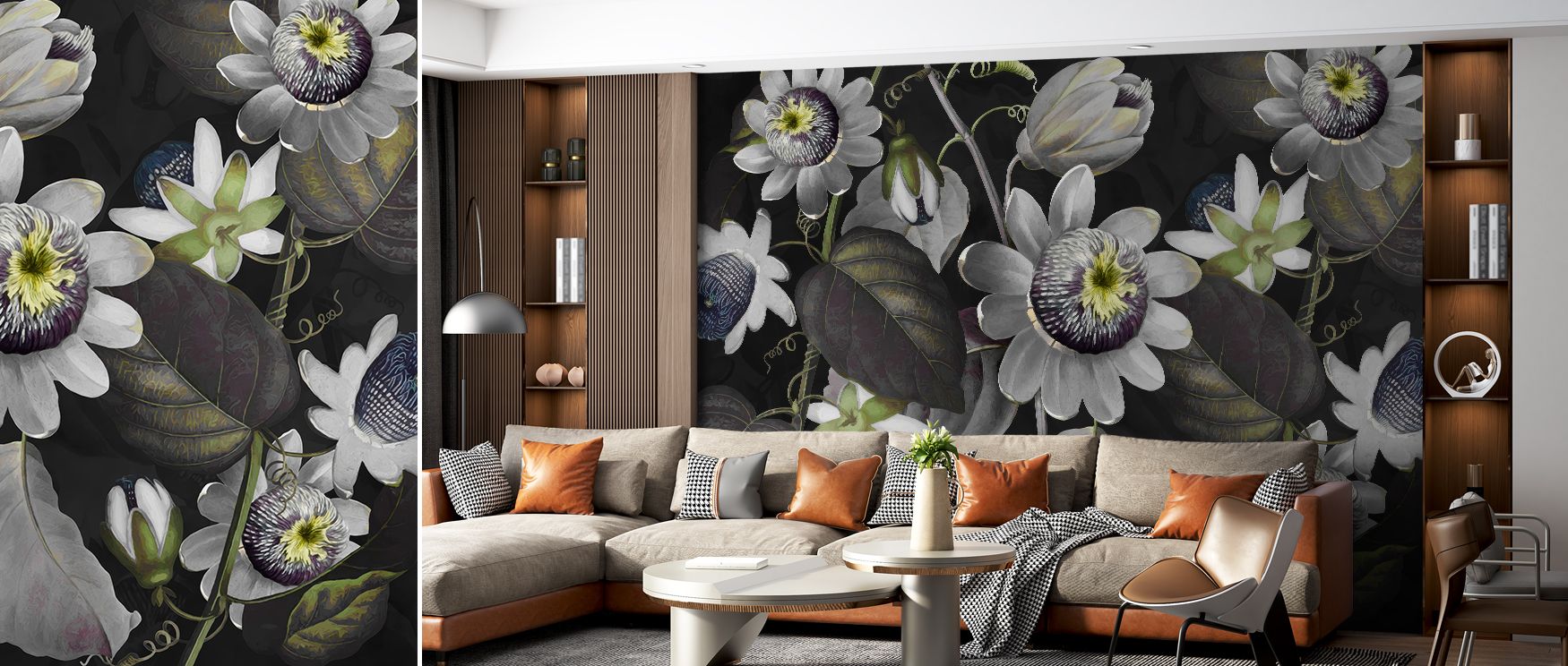 With delicate floral rhythm, this wallpaper brings serenity into interiors. Bedrooms become restful havens, living rooms expressive, and offices calm, as its design reflects the elegance of passionflowers, enriching spaces with charm and timeless artistry
