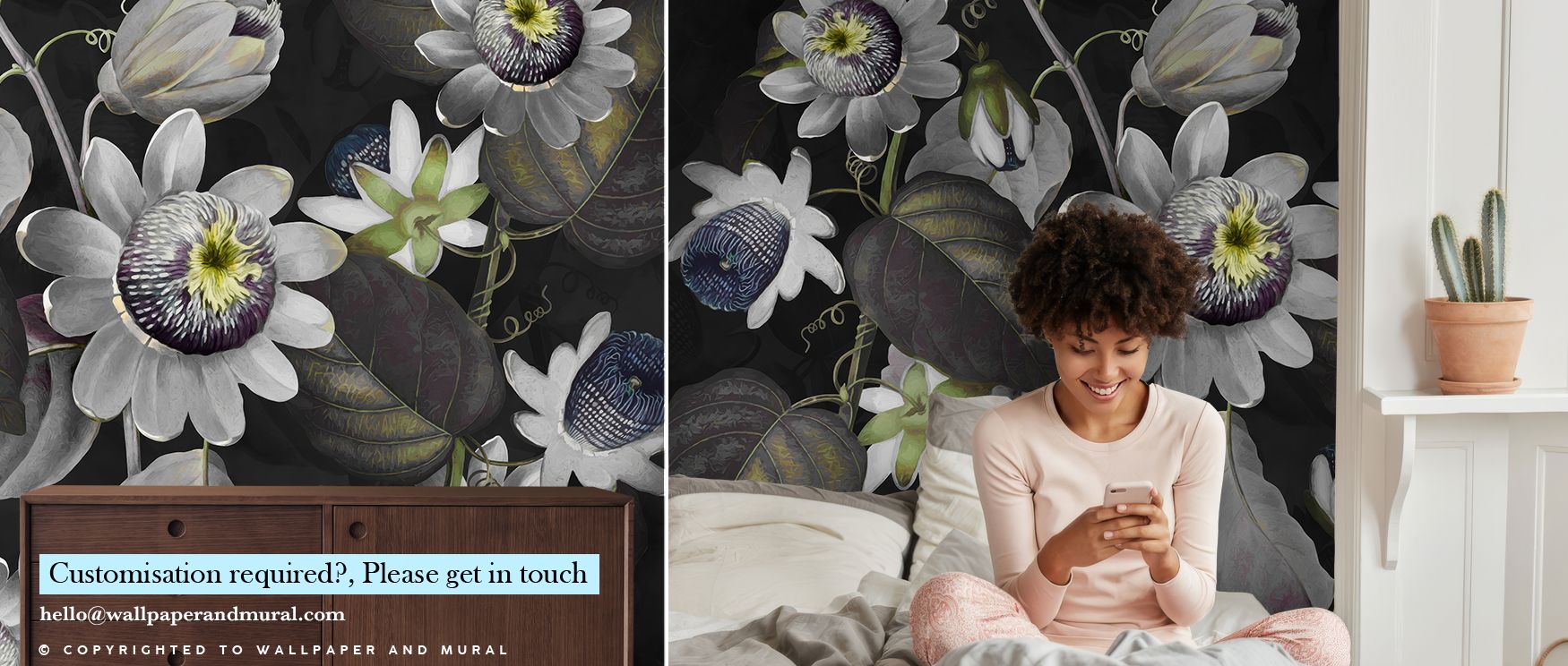 This wallpaper offers restful floral imagery with delicate artistry. Bedrooms feel calm, living rooms enriched, and offices refined, as its passionflower detailing transforms walls into timeless botanical canvases filled with harmony, elegance, and sophis