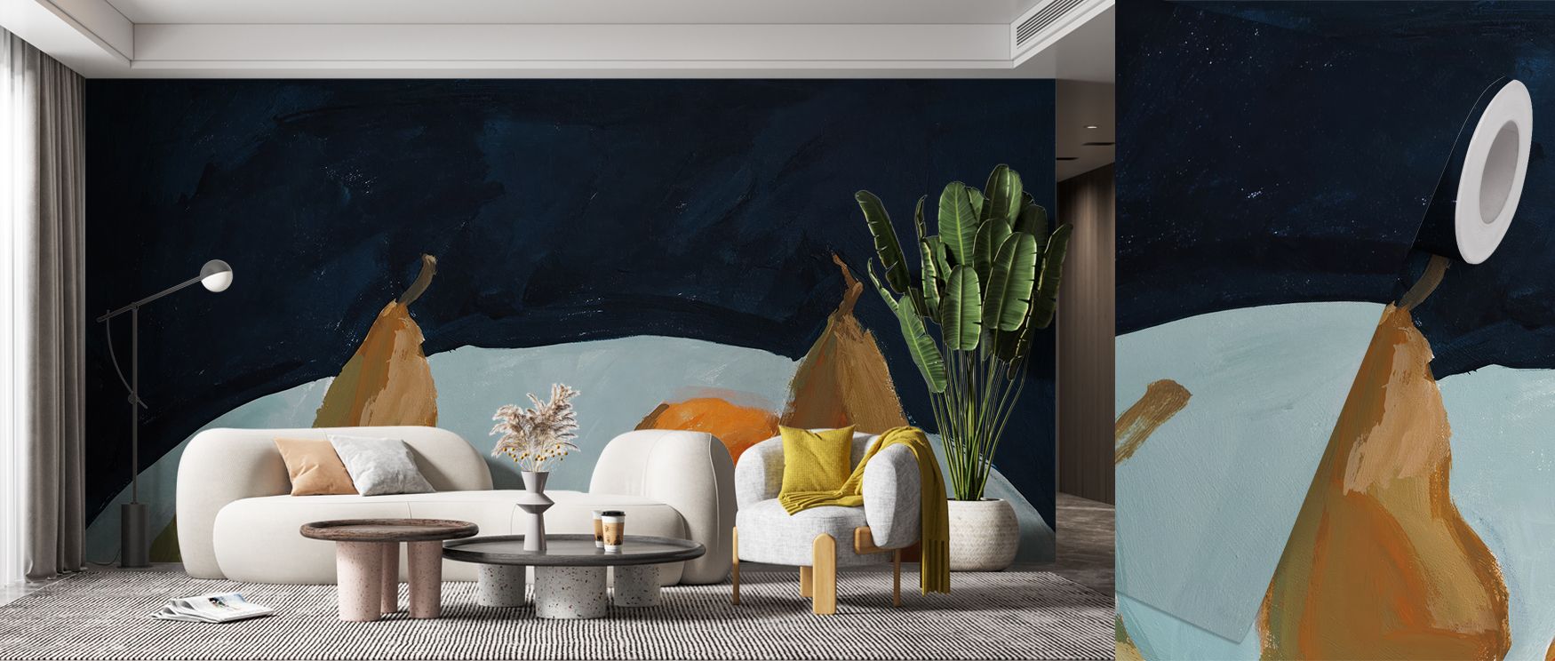 This wallpaper celebrates fruit with expressive imagery. Bedrooms feel lively, living rooms refreshed, and offices inspired, as its design enriches interiors with vibrancy, offering timeless sophistication and natural charm that creates engaging, stylish,