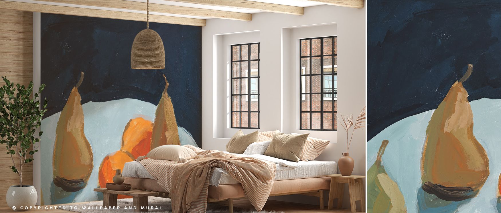 With pears and oranges detailed in rhythm, this wallpaper offers vibrancy and balance indoors. Bedrooms feel lively, living rooms enriched, and offices imaginative, as its design reflects natural charm, creating interiors filled with expressive warmth, so