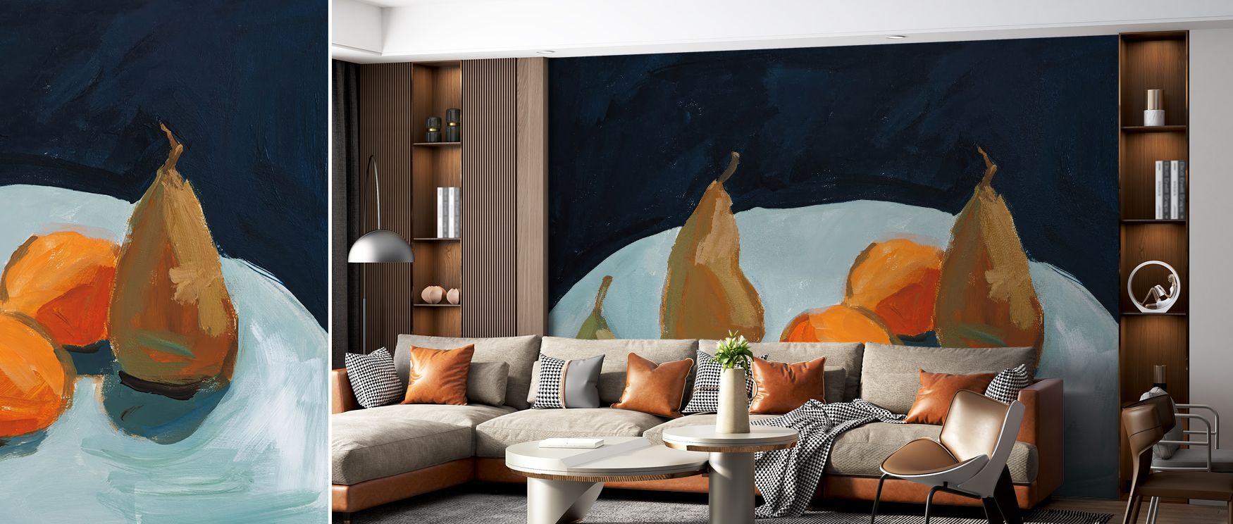 Pear and Orange Nature Wallpaper highlights fruit with elegance and rhythm. Bedrooms gain charm, living rooms expressive freshness, and offices creativity, as its imagery transforms walls into showcases that balance natural beauty with timeless artistry a