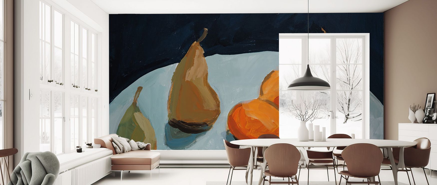 This wallpaper reflects nature’s charm with fruit imagery. Bedrooms achieve vibrancy, living rooms refined freshness, and offices inspiring elegance, as its design enriches interiors with timeless artistry and natural vitality, creating dynamic spaces fil