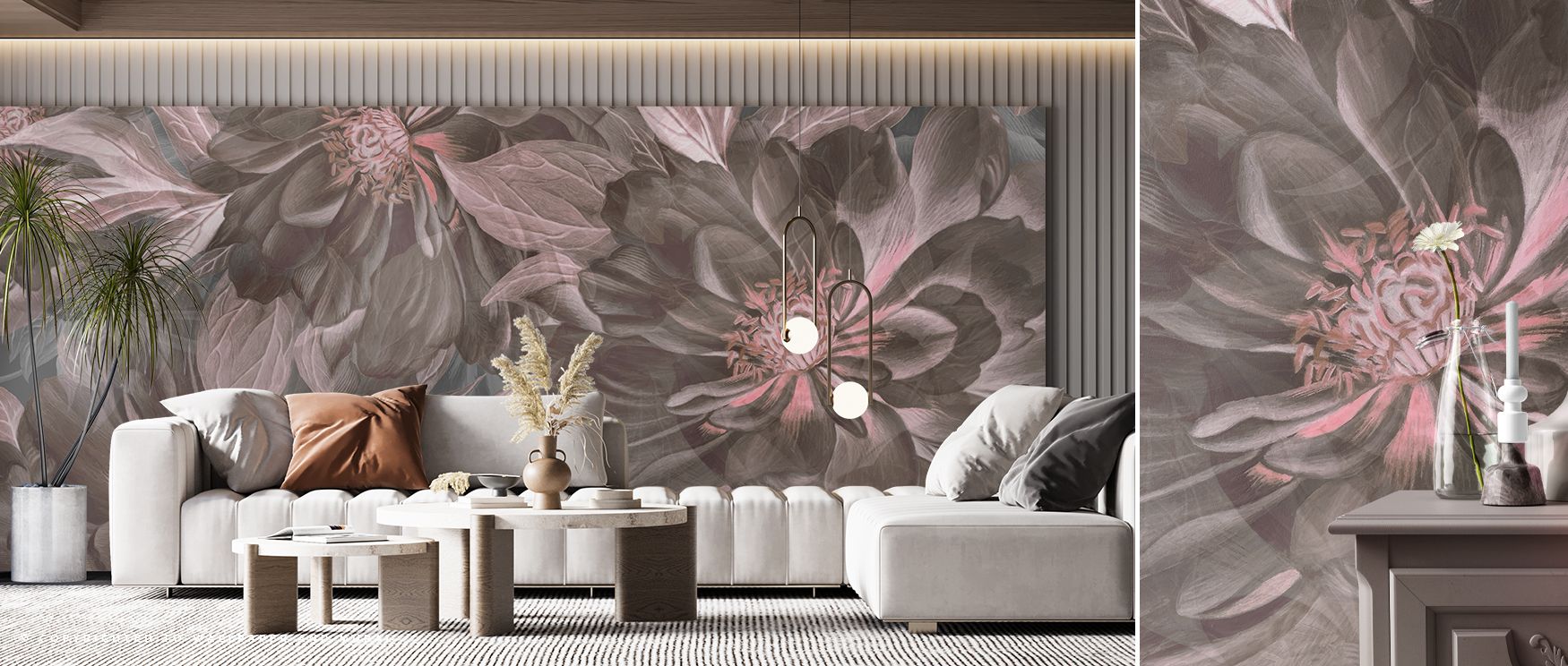 This wallpaper highlights soft ash and pink tones in peony blossoms, creating refined charm. Bedrooms feel calming, living rooms vibrant, and offices stylish, as its imagery enriches spaces with floral artistry, ensuring interiors remain elegant, serene, 