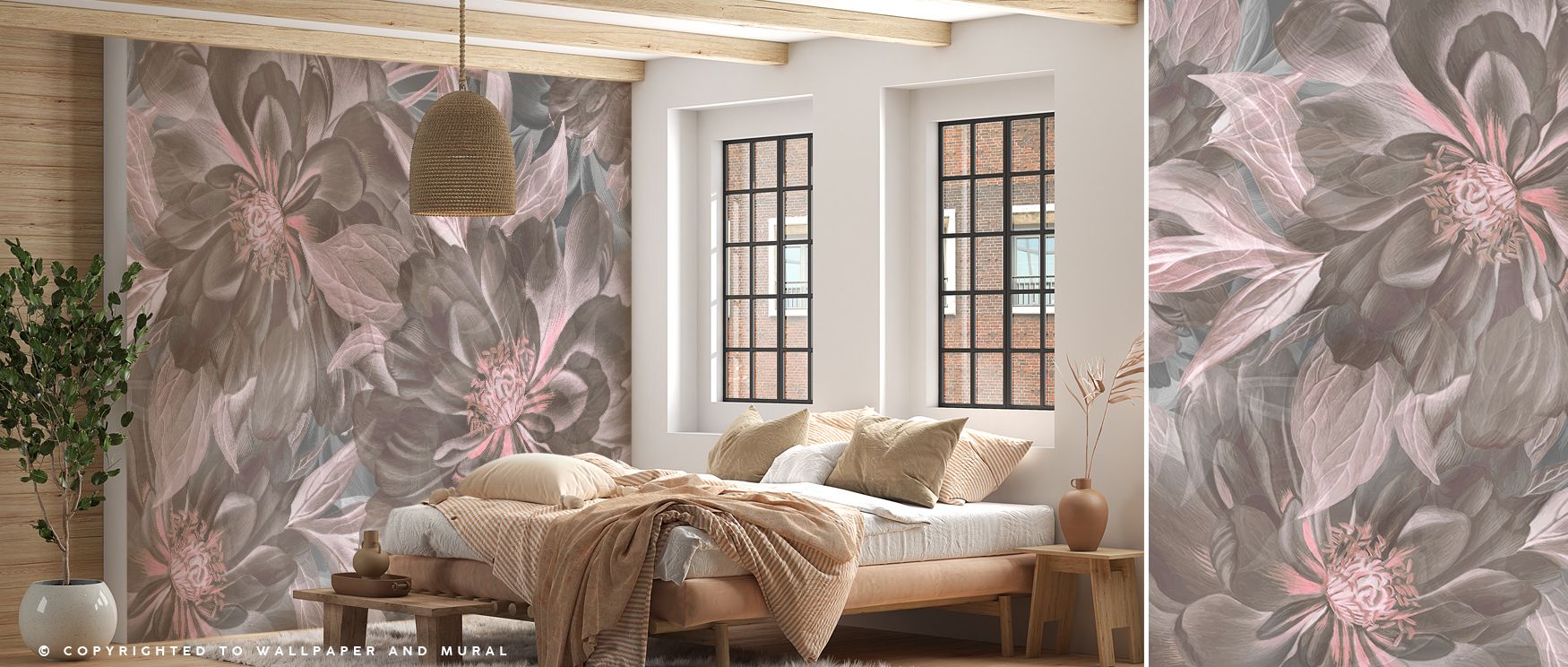 Peony Study Ash and Pink Floral Wallpaper enriches interiors with natural detailing. Bedrooms gain restful depth, living rooms charm, and offices calm creativity, as its imagery transforms walls into expressions of floral sophistication, radiating eleganc