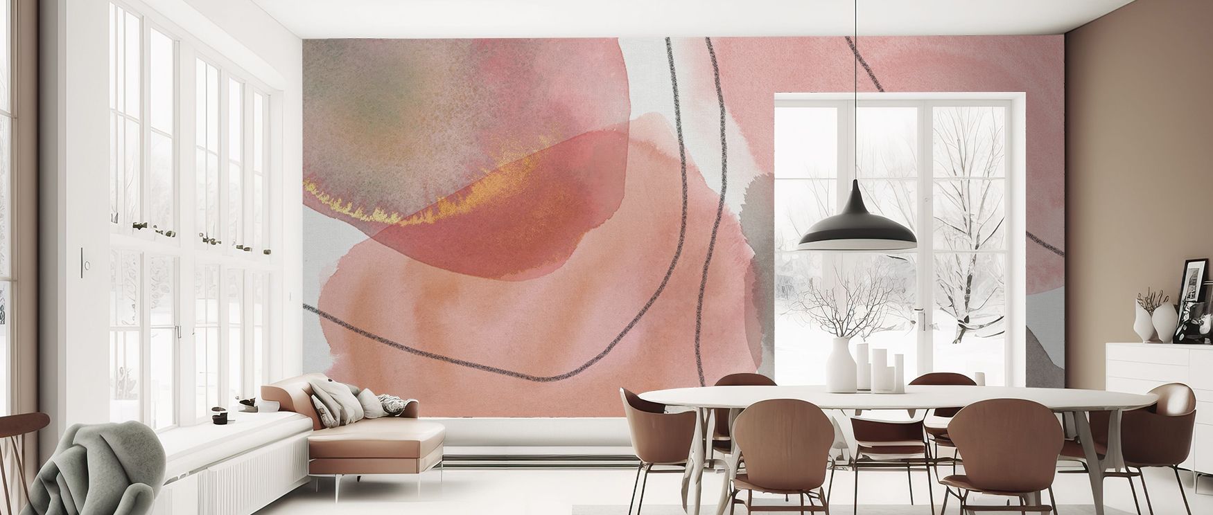 This wallpaper enriches interiors with floral imagery in boho rhythm. Bedrooms gain peace, living rooms vibrancy, and offices refinement, as its petals add sophistication, turning walls into expressions of natural beauty filled with calmness and charm dai