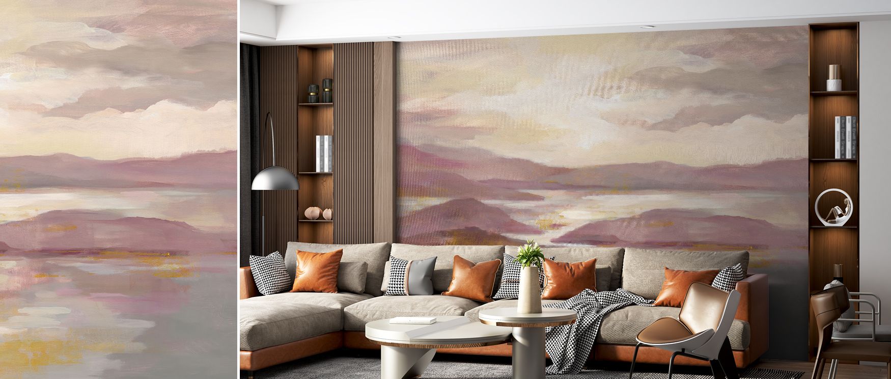 This wallpaper reflects shimmering artistry in pink and gold tones. Bedrooms achieve vibrancy, living rooms dynamic charm, and offices creative sophistication, as its design ensures interiors remain filled with balance, bold rhythm, and artistic modern re