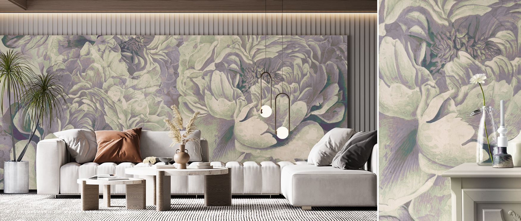 Pions Dream Floral Wallpaper enriches interiors with delicate floral rhythm. Bedrooms achieve serenity, living rooms charm, and offices creativity, as its imagery ensures walls radiate sophistication, making spaces restful, stylish, and filled with botani