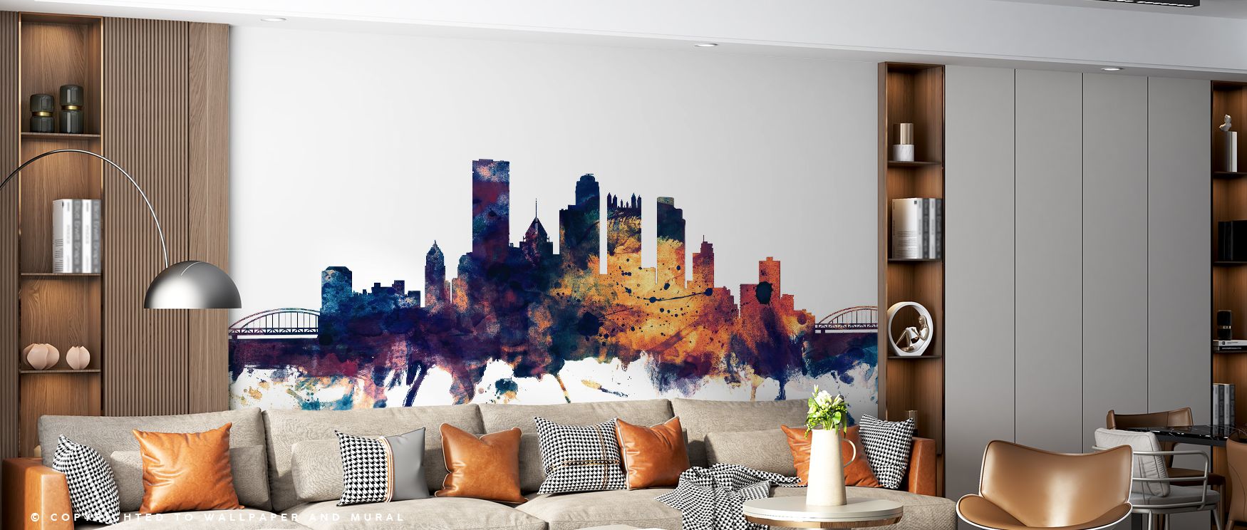 Pittsburgh Pennsylvania Skyline Blue & Bronze Wallpaper reflects city pride with bold tones. Bedrooms achieve vibrancy, living rooms refined elegance, and offices creative balance, as its design transforms walls into cultural showcases enriched with artis