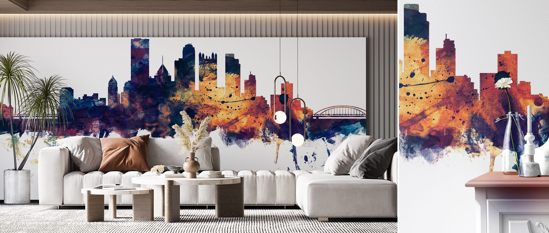 This wallpaper blends bold blue and bronze tones with urban rhythm. Bedrooms feel stylish, living rooms vibrant, and offices refined, as its skyline imagery ensures interiors radiate cultural identity, offering sophistication and timeless charm inspired b