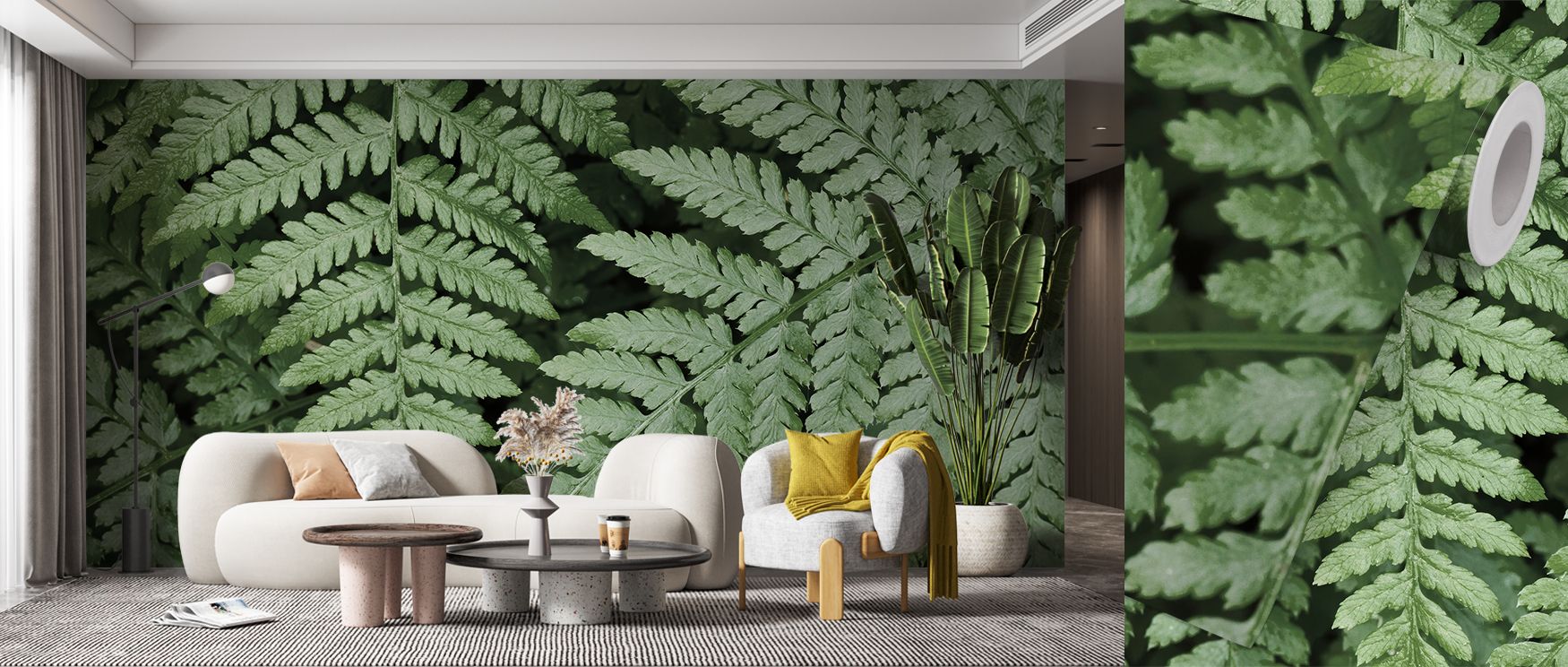 This wallpaper reflects botanical rhythm with detailed ferns. Bedrooms achieve vibrancy, living rooms charm, and offices refined balance, as its imagery turns walls into lively canvases of nature, ensuring interiors radiate freshness, sophistication, and 