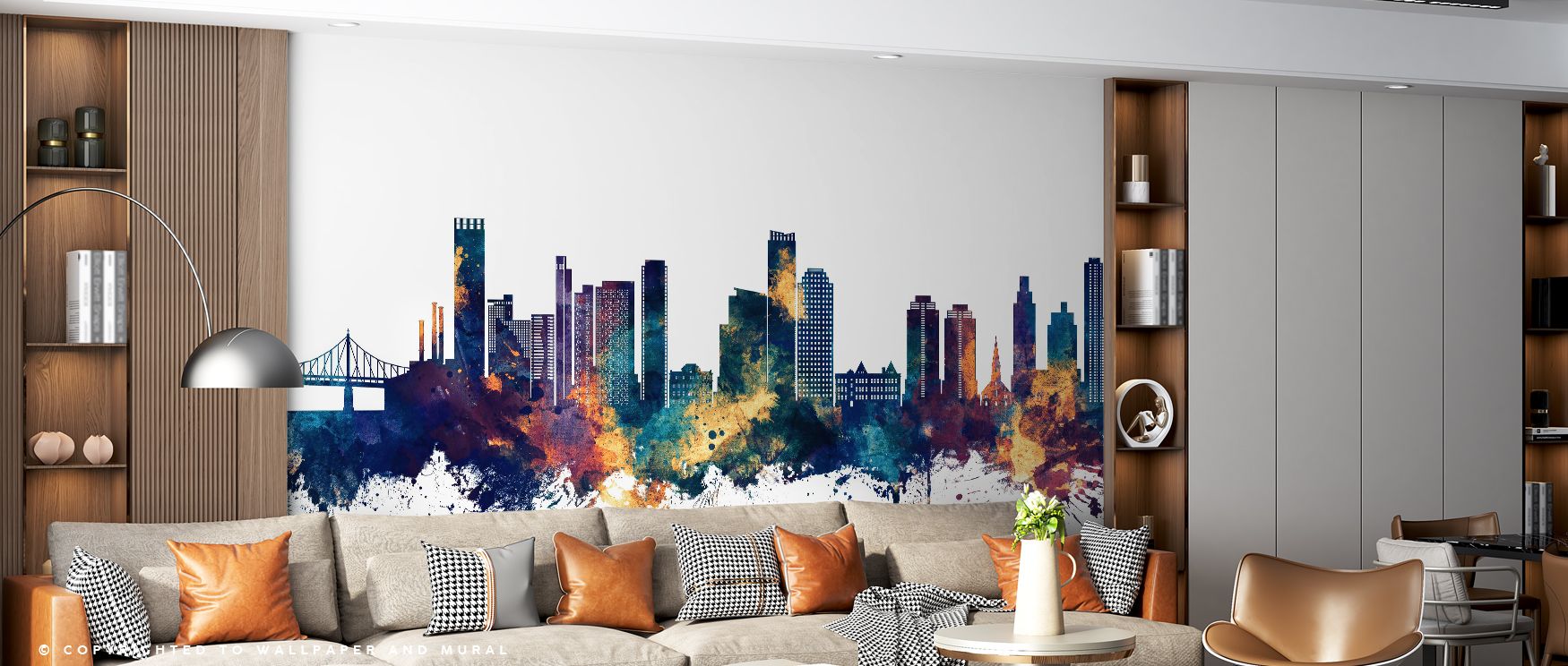 Queens New York Skyline Blue & Bronze Wallpaper highlights city pride with radiant tones. Bedrooms gain vibrancy, living rooms expressive charm, and offices refined sophistication, as its skyline imagery ensures interiors reflect cultural artistry, archit