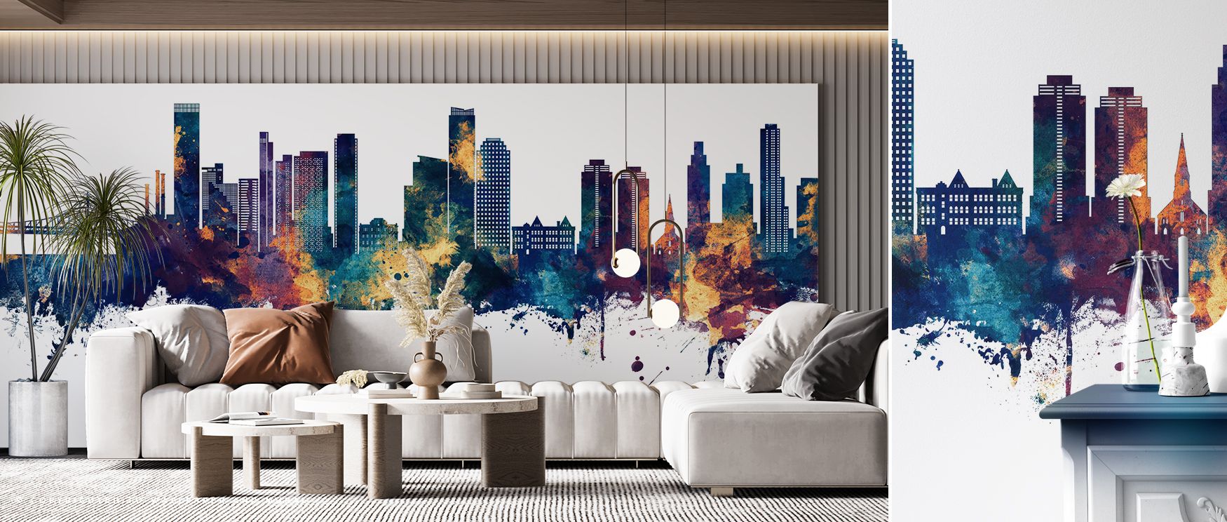 This wallpaper blends blue and bronze tones with urban rhythm. Bedrooms achieve bold sophistication, living rooms vibrancy, and offices creativity, as its imagery transforms walls into cultural showcases enriched with heritage, identity, and timeless mode