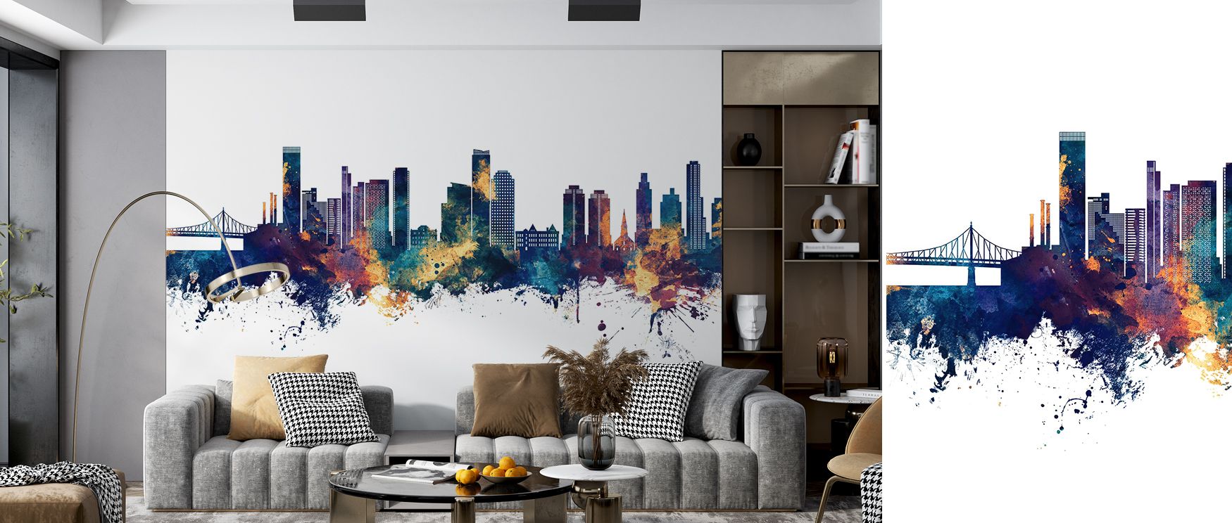 Queens New York Skyline Blue & Bronze Wallpaper conveys heritage and charm with luminous tones. Bedrooms achieve refinement, living rooms vibrancy, and offices creativity, as its imagery ensures walls capture cultural artistry and urban pride consistently
