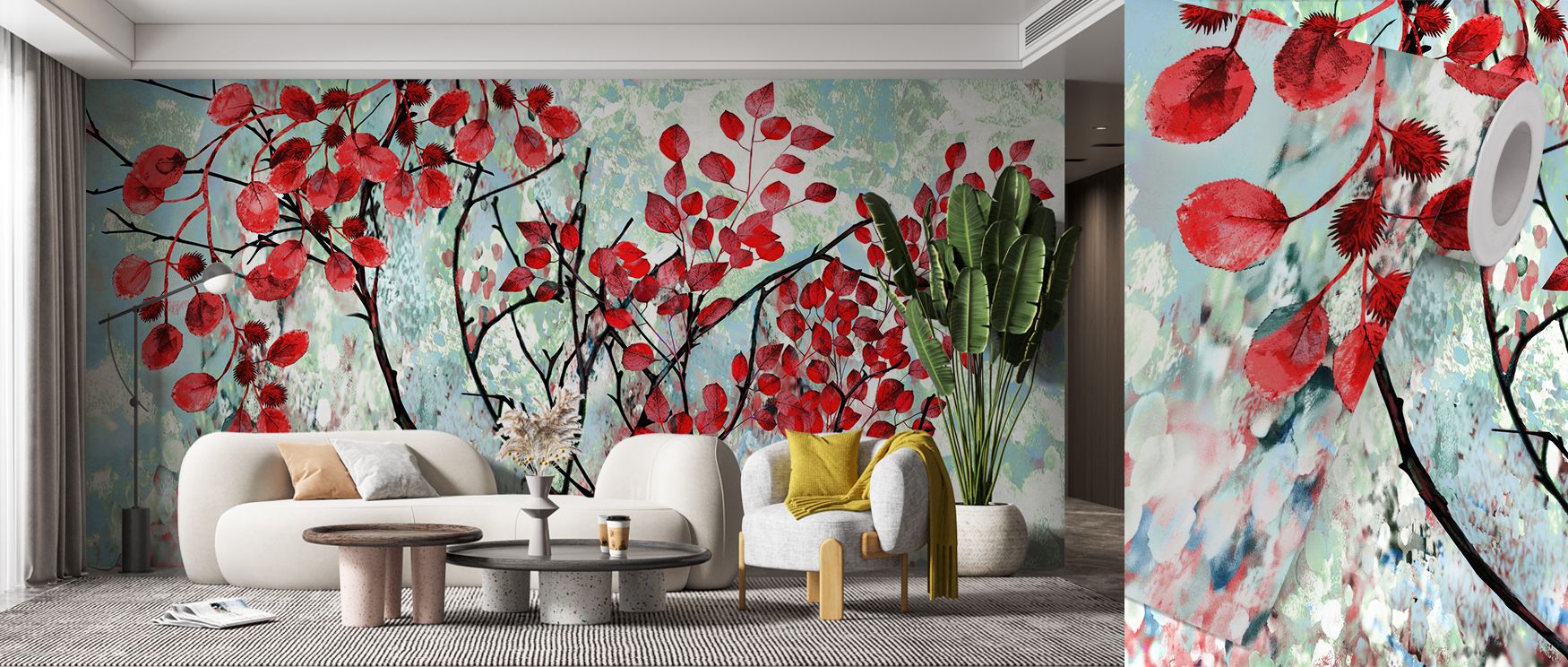 This wallpaper highlights red leaves with striking artistry. Bedrooms achieve refinement, living rooms vibrancy, and offices creativity, as its detailing enriches interiors, ensuring walls remain lively, stylish, and filled with timeless natural charm con