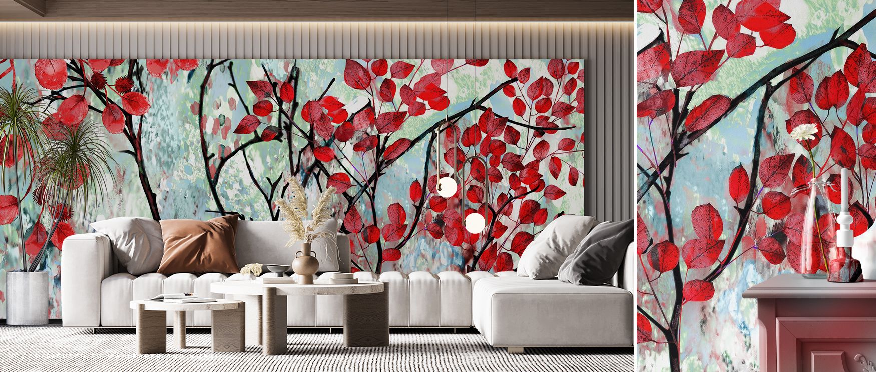 Red Leaves Botanical Wallpaper enhances interiors with natural vibrancy. Bedrooms achieve lively balance, living rooms expressive charm, and offices stylish refinement, as its design ensures walls radiate timeless artistry, creating dynamic spaces enriche