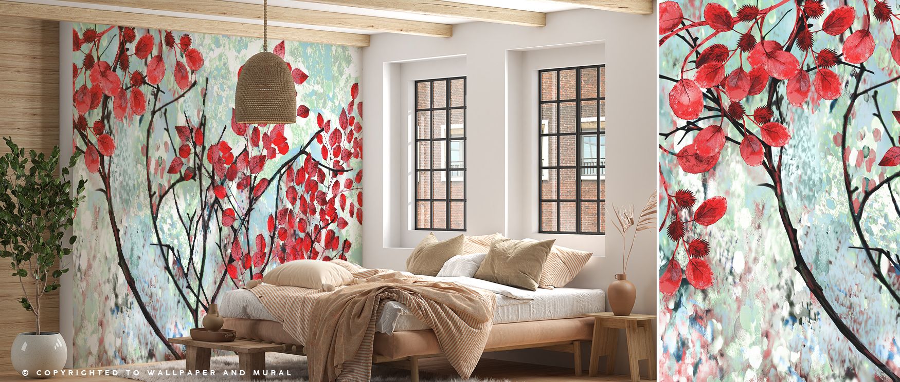 With detailed red foliage, this wallpaper transforms interiors with natural charm. Bedrooms feel lively, living rooms vibrant, and offices refined, as its imagery ensures walls reflect balance, sophistication, and timeless artistry consistently every day.