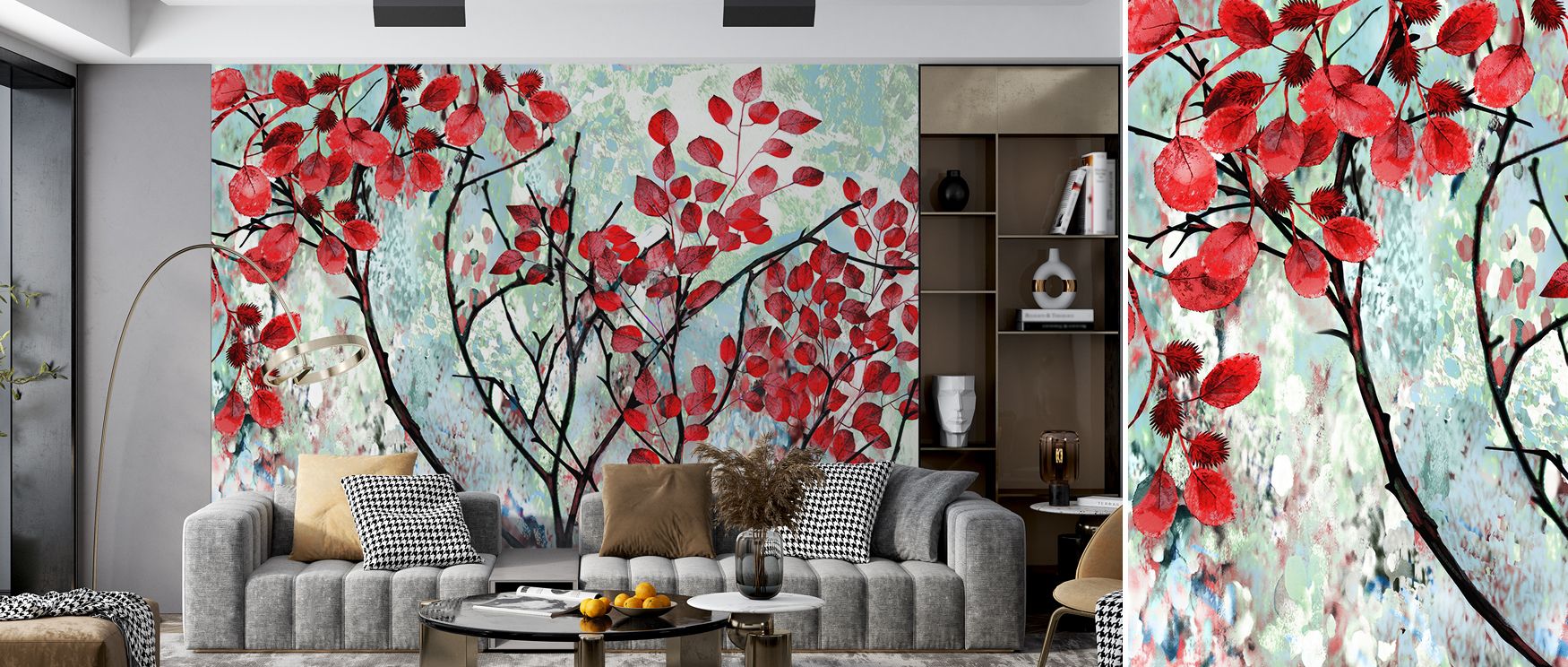 Red Leaves Botanical Wallpaper reflects vitality with refined artistry. Bedrooms achieve charm, living rooms vibrancy, and offices creative balance, as its red detailing transforms interiors into lively showcases enriched with sophistication and timeless 