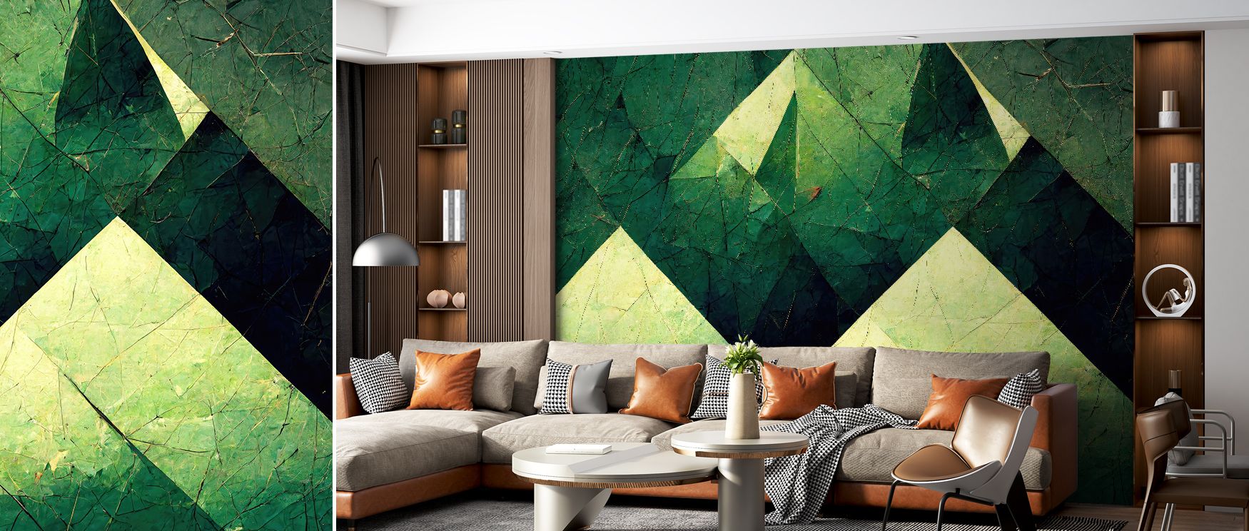 Reduced Mountains Green Scenic Wallpaper conveys serenity with scenic imagery. Bedrooms gain restful elegance, living rooms vibrancy, and offices refined focus, as its detailing transforms interiors into natural sanctuaries filled with artistry, balance, 