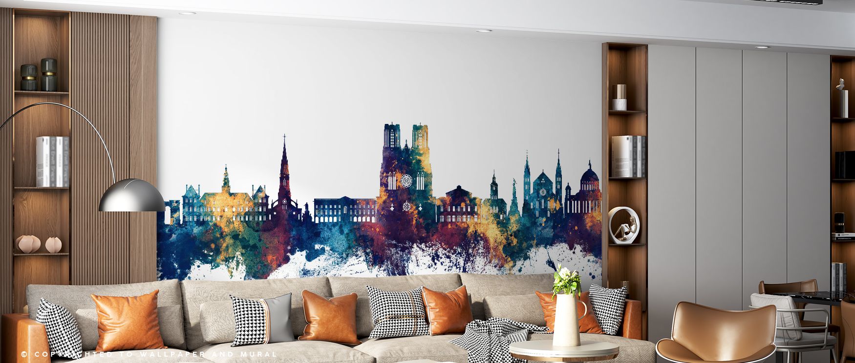 Reims France Skyline Blue & Bronze Wallpaper captures cultural pride with radiant tones. Bedrooms gain refinement, living rooms expressive vibrancy, and offices inspiring charm, as its skyline imagery enriches walls with sophistication, heritage, and time