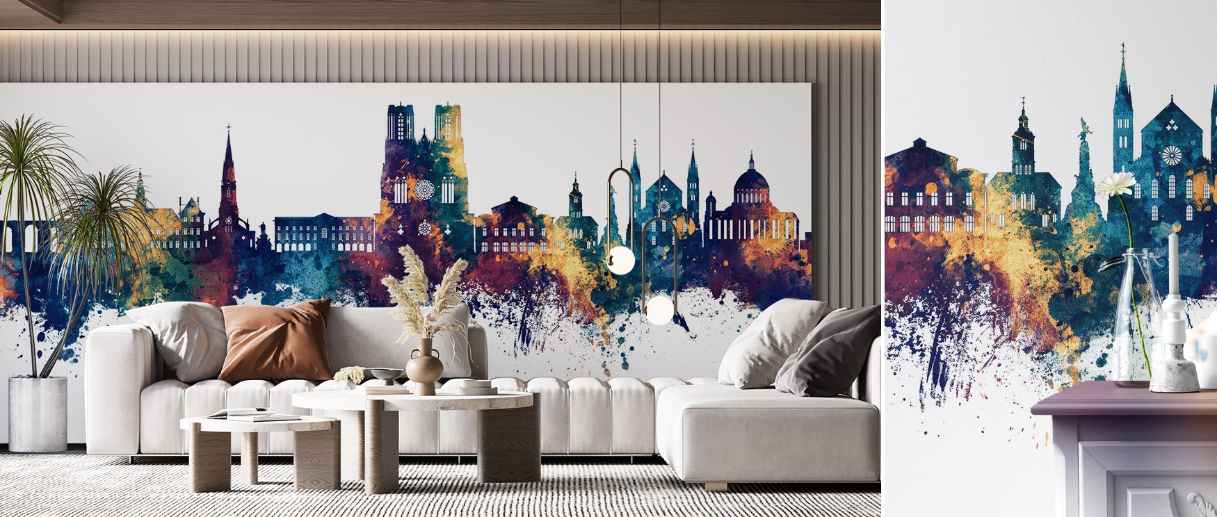 This wallpaper blends blue and bronze tones with urban heritage. Bedrooms achieve charm, living rooms refinement, and offices creativity, as its imagery transforms walls into stylish showcases enriched with French pride and cultural sophistication consist