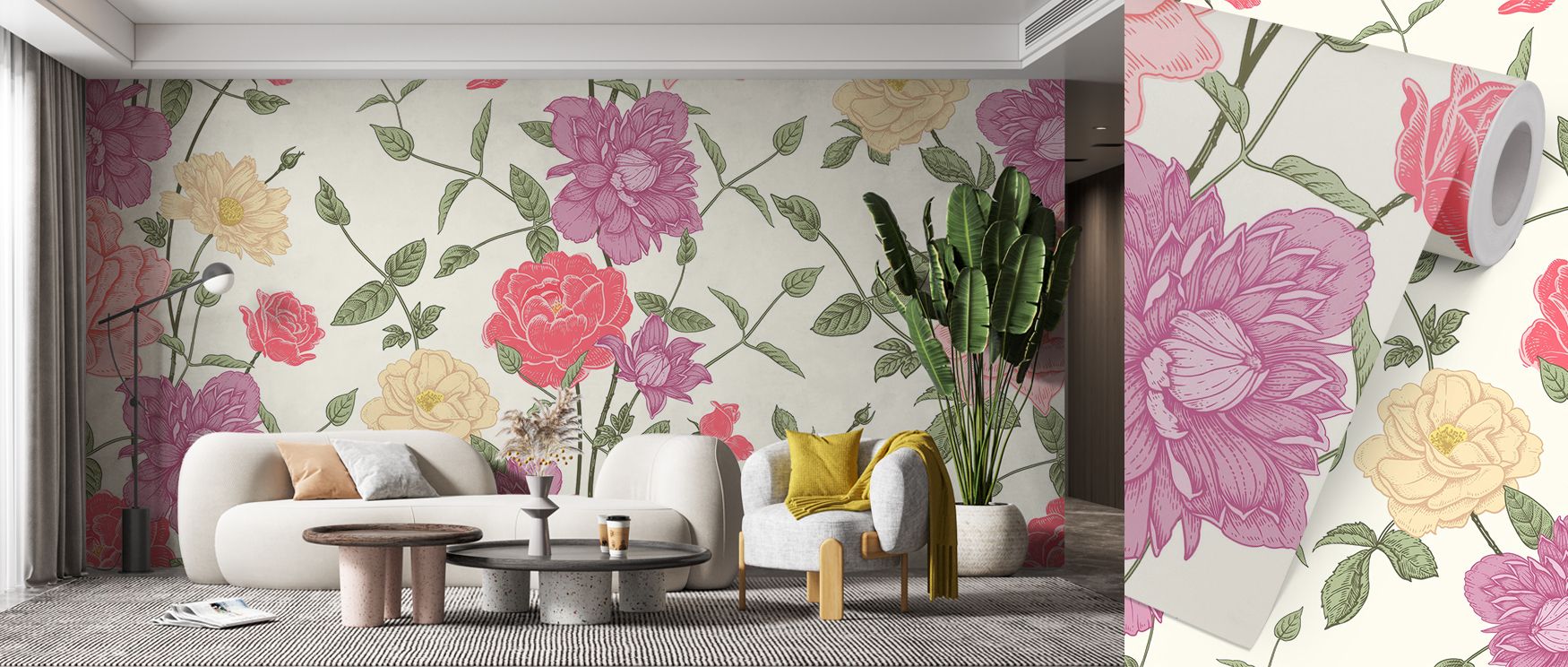 This wallpaper celebrates clematis blooms with retro detailing. Bedrooms feel restful, living rooms expressive, and offices stylish, as its imagery ensures interiors remain inviting, sophisticated, and timelessly enriched with floral balance and natural c