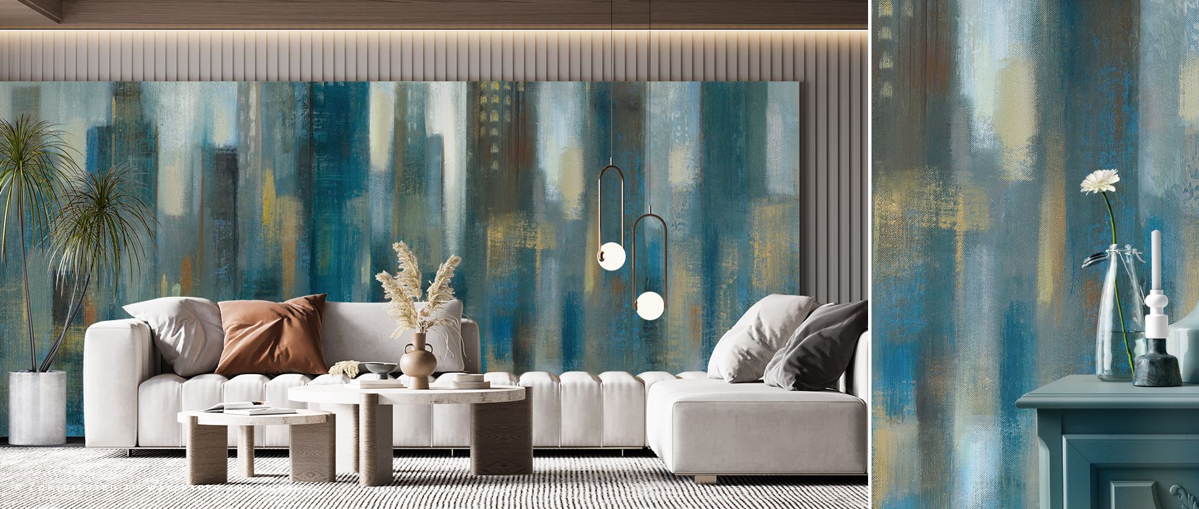 Rhythmic Reflection Light Abstract Wallpaper conveys artistic rhythm with luminous tones. Bedrooms achieve refinement, living rooms vibrancy, and offices inspiring creativity, as its imagery ensures interiors remain stylish, dynamic, and filled with engag