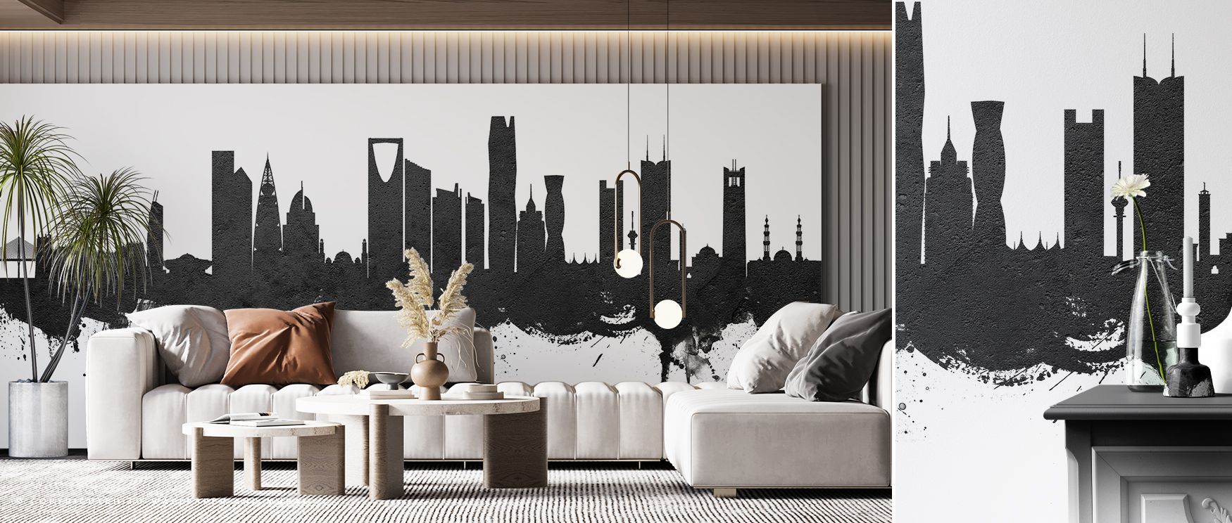 This wallpaper reflects Riyadh’s skyline with bold tones. Bedrooms achieve balance, living rooms expressive vibrancy, and offices refined sophistication, as its imagery transforms interiors into cultural showcases enriched with artistry, identity, and tim