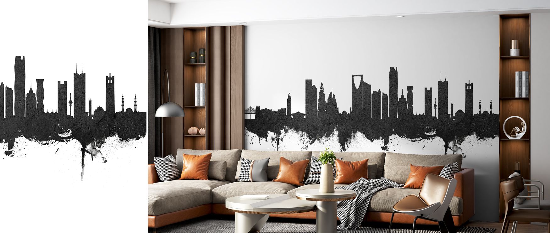 Riyadh Saudi Arabia Skyline Black & White Wallpaper conveys heritage with bold detailing. Bedrooms gain charm, living rooms vibrancy, and offices refined focus, as its design transforms interiors into showcases of cultural pride and modern artistry consis