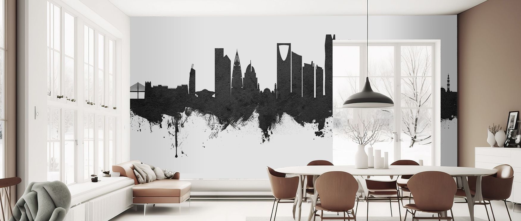 Riyadh Saudi Arabia Skyline Black & White Wallpaper enriches interiors with architectural artistry. Bedrooms gain refinement, living rooms vibrancy, and offices creativity, as its detailing ensures walls radiate cultural charm and timeless elegance daily.