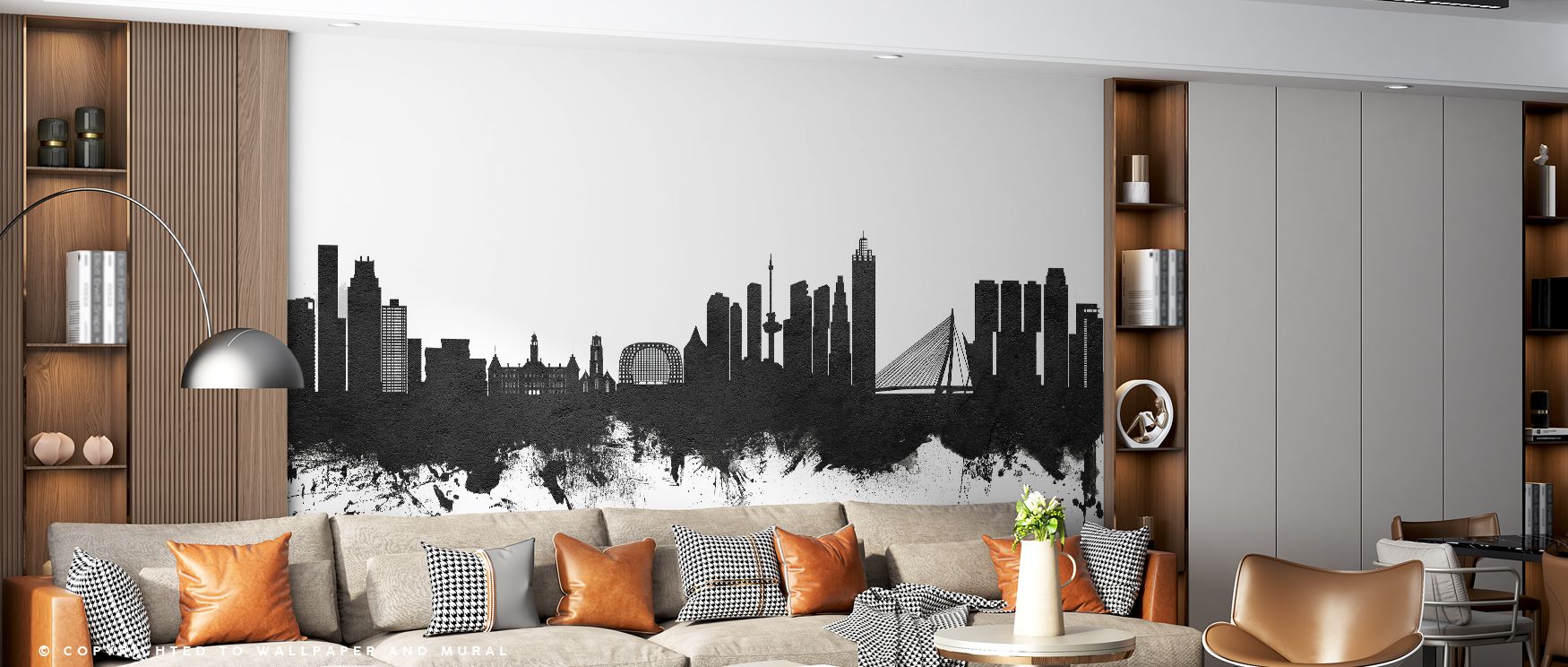 Rotterdam The Netherlands Skyline Black & White Wallpaper highlights heritage with bold rhythm. Bedrooms achieve refinement, living rooms vibrancy, and offices cultural inspiration, as its skyline imagery enriches walls with sophistication, pride, and tim