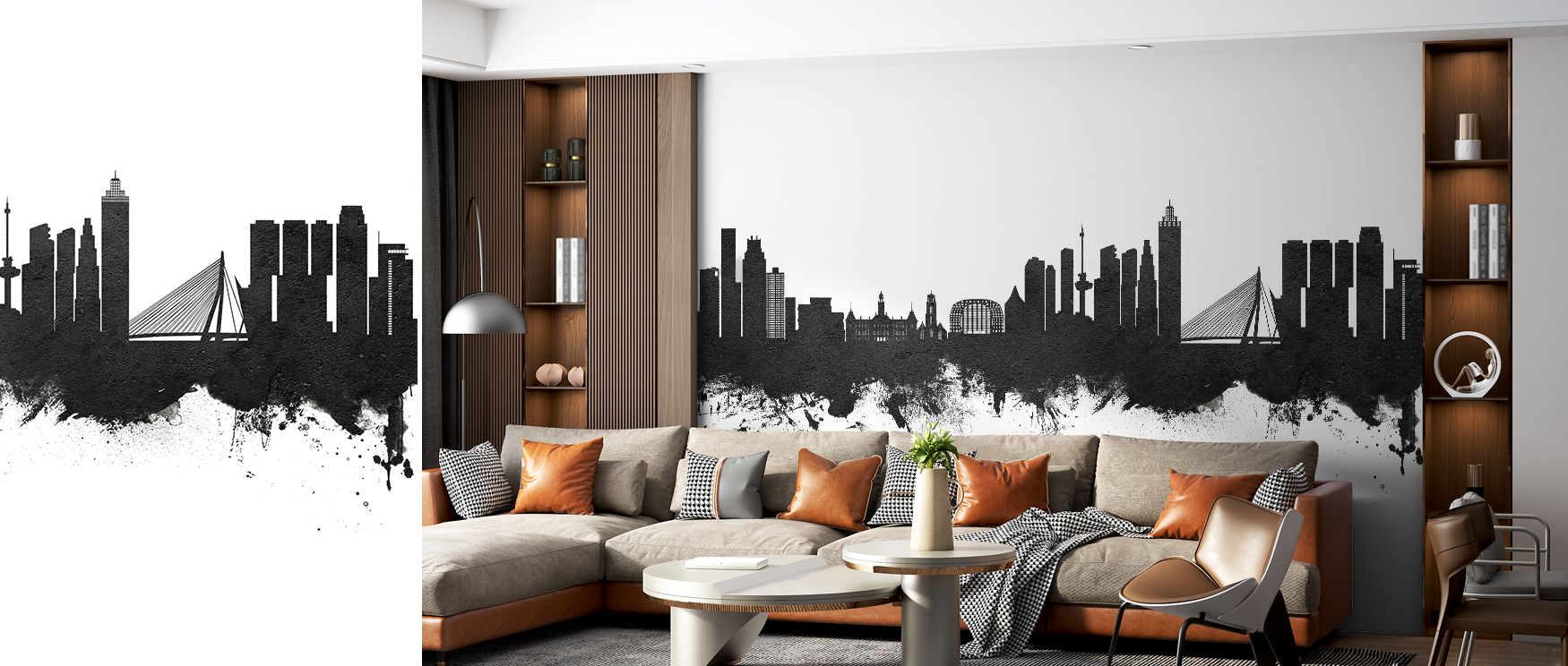 With black-and-white rhythm, this wallpaper reflects architectural artistry. Bedrooms achieve stylish refinement, living rooms charm, and offices inspiring focus, as its skyline imagery enriches walls with cultural balance, timeless sophistication, and Du