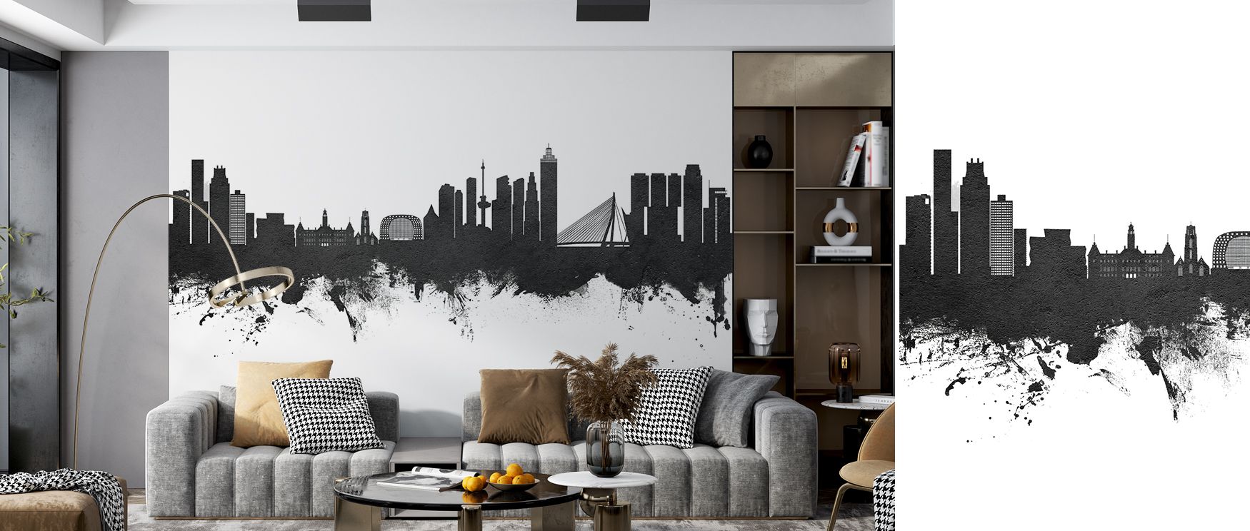 Rotterdam The Netherlands Skyline Black & White Wallpaper conveys heritage artistry with bold contrasts. Bedrooms feel refined, living rooms expressive, and offices stylish, as its imagery ensures interiors radiate timeless sophistication enriched with cu