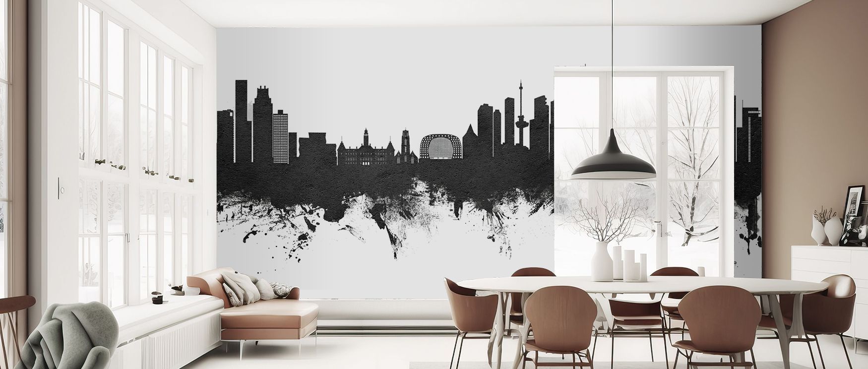 Rotterdam The Netherlands Skyline Black & White Wallpaper conveys heritage with urban artistry. Bedrooms achieve charm, living rooms vibrancy, and offices refinement, as its imagery ensures walls radiate cultural pride, timeless sophistication, and balanc