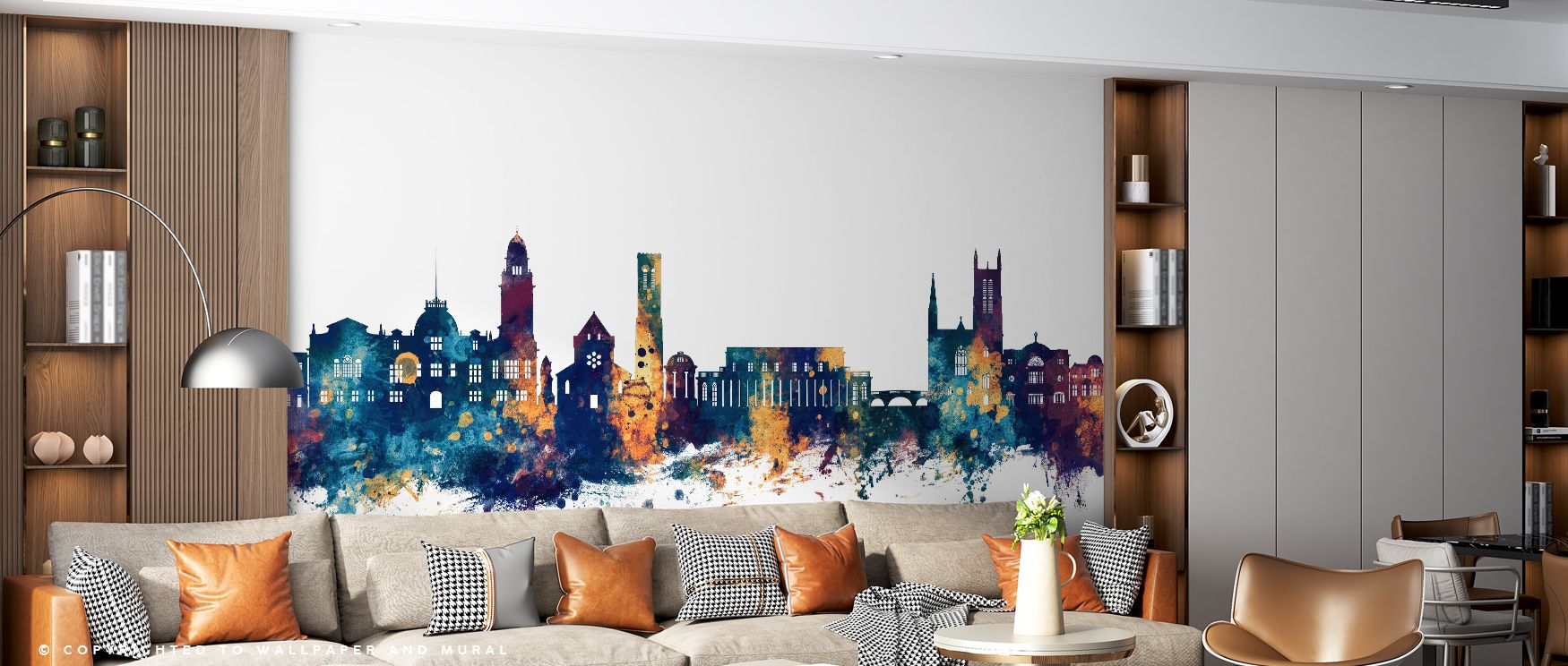 Royal Leamington Spa England Blue & Bronze Wallpaper captures skyline charm in radiant tones. Bedrooms gain sophistication, living rooms vibrancy, and offices refined elegance, as its imagery enriches interiors with cultural artistry, timeless balance, an