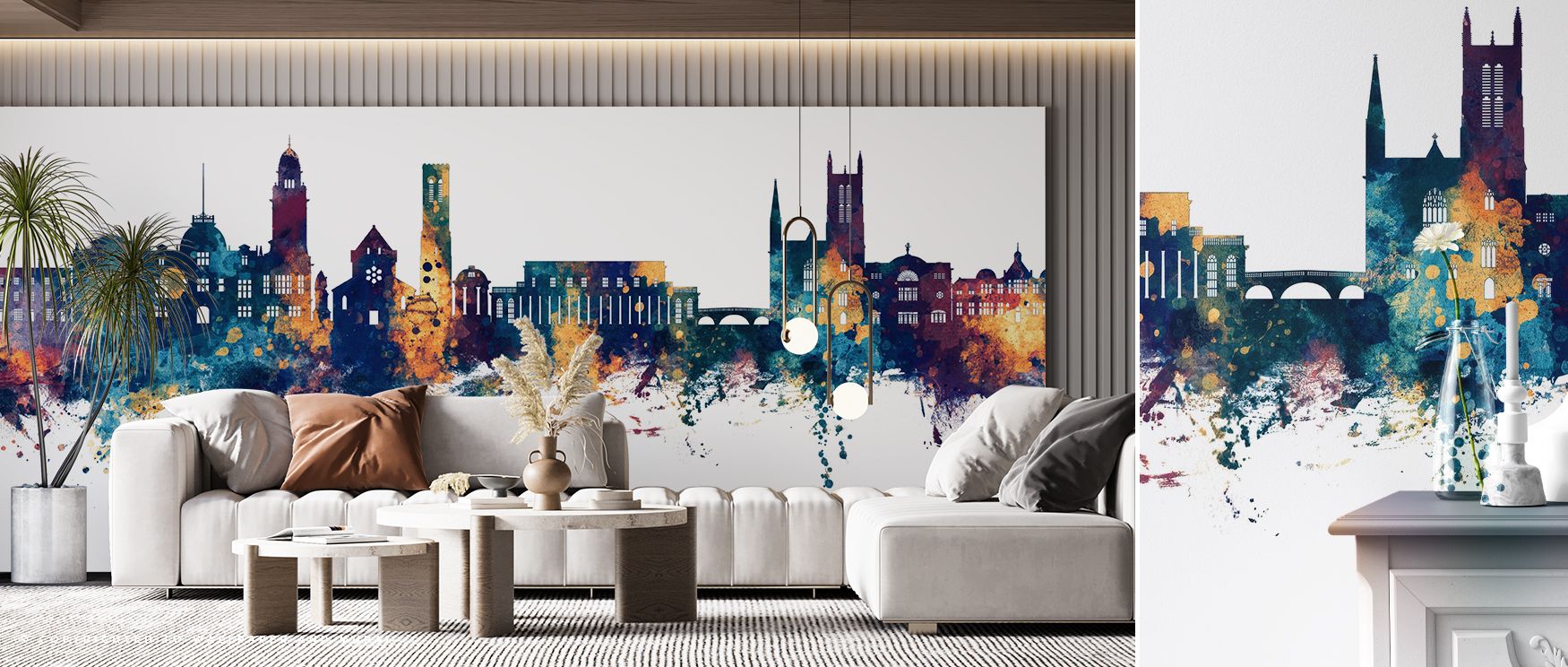 This wallpaper reflects heritage with blue and bronze tones. Bedrooms feel refined, living rooms expressive, and offices stylish, as its skyline imagery ensures interiors radiate pride, sophistication, and cultural artistry enriched with English charm con