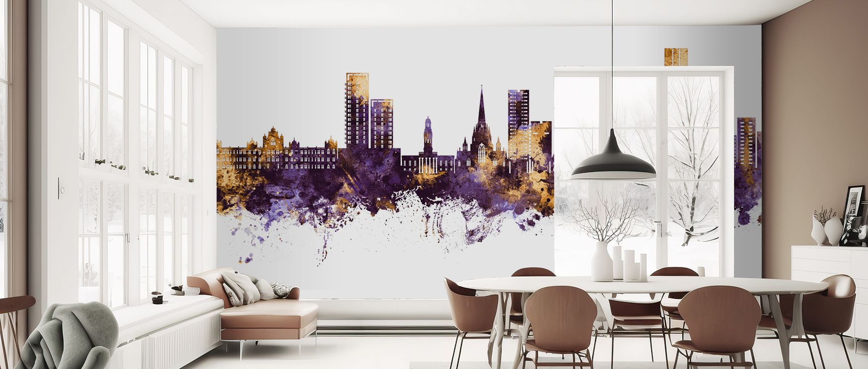 Salford England Skyline Purple & Gold Wallpaper enhances interiors with cultural artistry. Bedrooms feel stylish, living rooms vibrant, and offices refined, as its skyline imagery enriches spaces with sophistication, pride, and timeless English charm cons