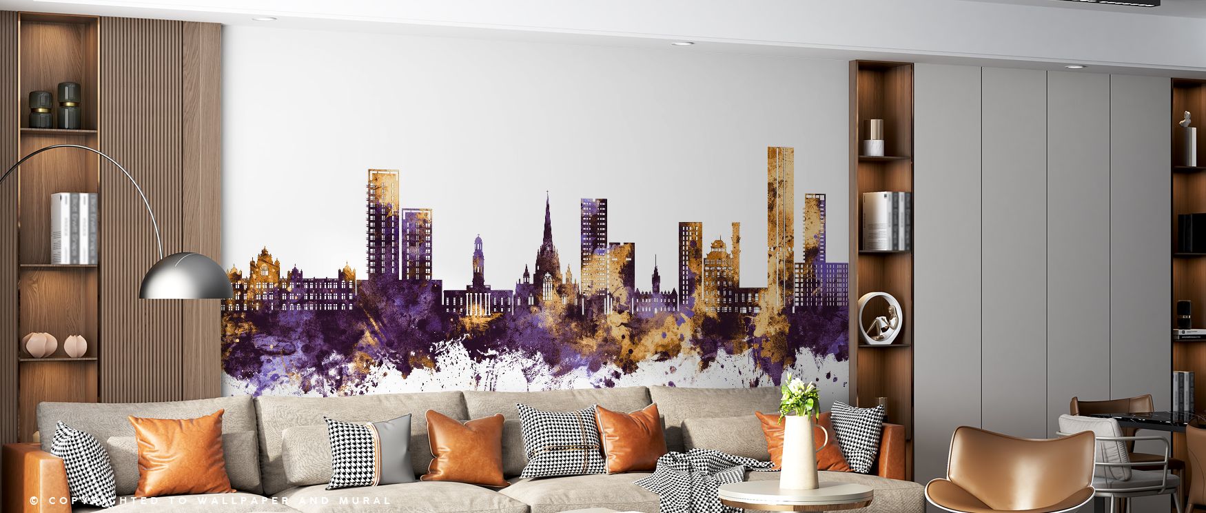 Salford England Skyline Purple & Gold Wallpaper reflects heritage with radiant tones. Bedrooms gain refinement, living rooms expressive vibrancy, and offices cultural inspiration, as its skyline imagery enriches walls with sophistication, charm, and timel