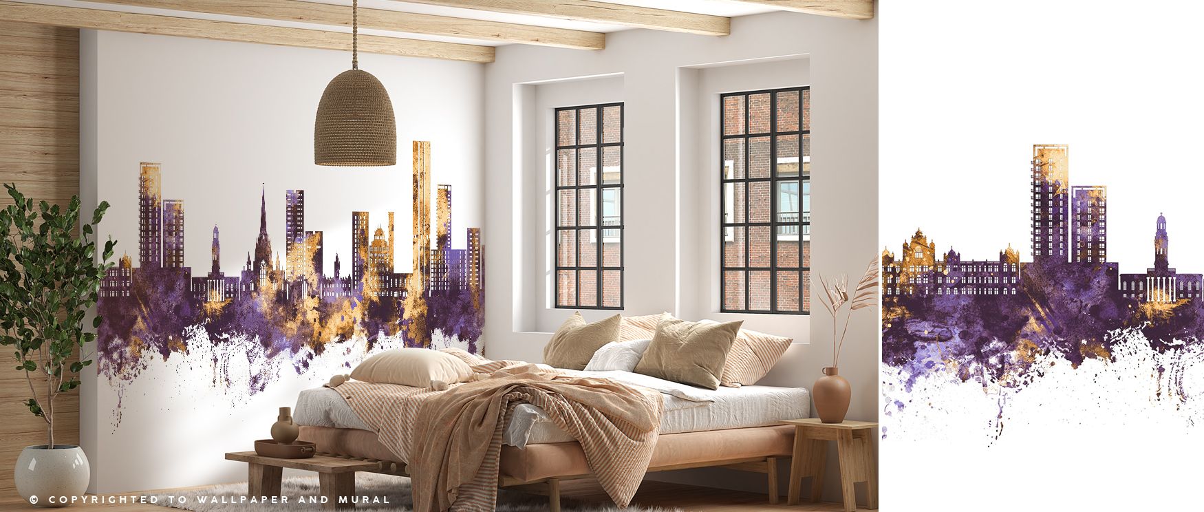 Salford England Skyline Purple & Gold Wallpaper enriches interiors with bold artistry. Bedrooms achieve charm, living rooms vibrancy, and offices inspiring sophistication, as its design ensures walls reflect heritage, pride, and timeless refinement enrich