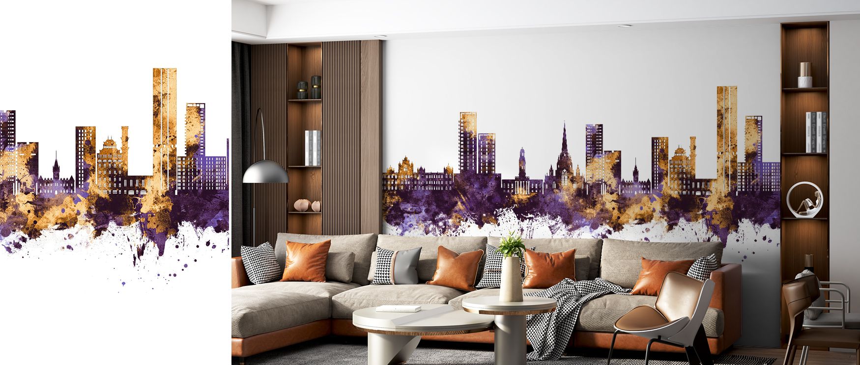 With purple and gold tones, this wallpaper conveys sophistication indoors. Bedrooms feel stylish, living rooms expressive, and offices refined, as its skyline detailing enriches spaces with timeless artistry, cultural pride, and English heritage consisten