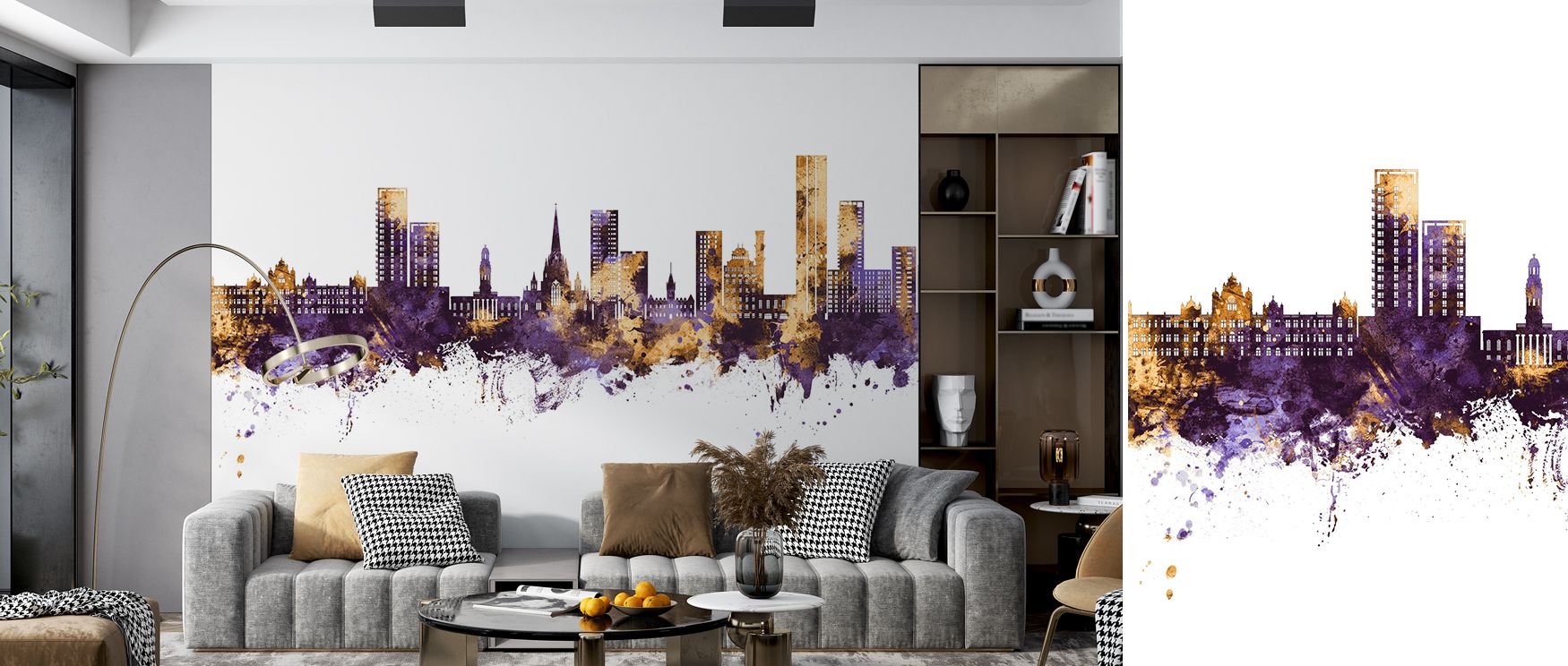 Salford England Skyline Purple & Gold Wallpaper conveys urban pride with radiant artistry. Bedrooms achieve refinement, living rooms vibrancy, and offices stylish inspiration, as its imagery ensures walls radiate sophistication, heritage, and timeless cul