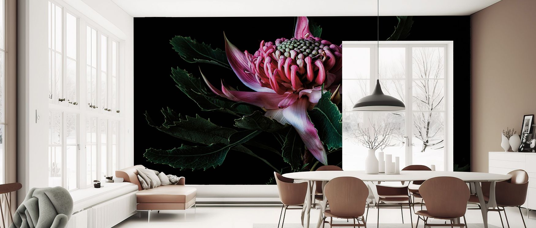 The floral tapestry spreads with balanced repetition, creating flowing movement across the wall. This rhythm enhances bedrooms with tranquility and offices with gentle elegance. Living rooms acquire a centerpiece that celebrates both nature and artistry i