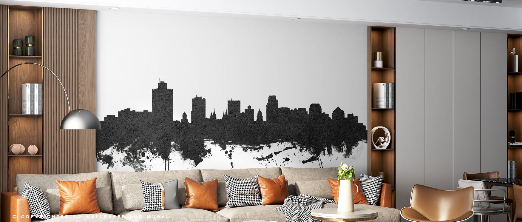 Bold silhouettes stretch across the wall, capturing the city’s iconic skyline in powerful contrast. Living rooms gain modern depth, offices reflect urban confidence, and bedrooms embrace calm sophistication under the balance of light and shadow in a timel