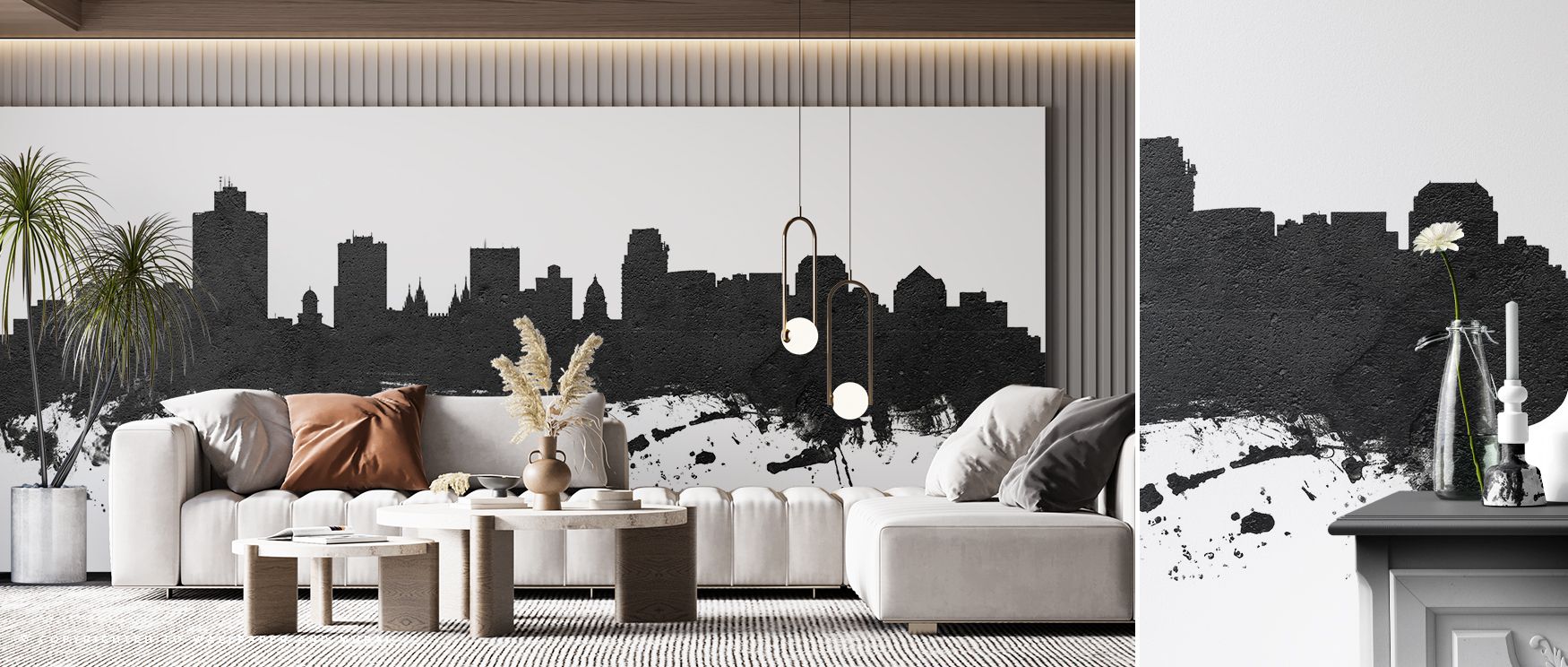 Precision lines define the skyline with clarity, enriching spaces with structure and rhythm. The wallpaper transforms bedrooms into sleek retreats, offices into stylish hubs of focus, and living rooms into vibrant showcases of architectural charm, offerin