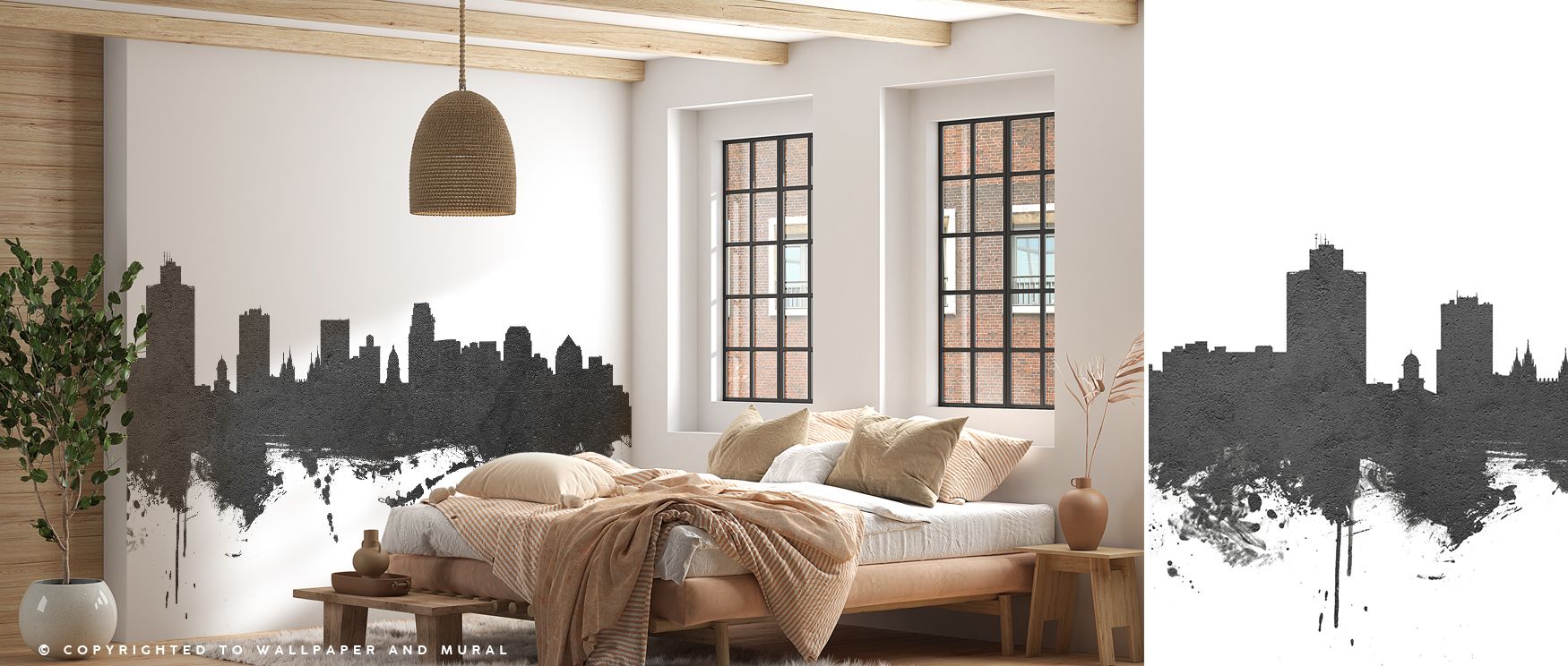 Across the design, the play of light and shade creates striking contrast. This visual energy enhances bedrooms with calm modernity, offices with determination, and living rooms with city-inspired sophistication. The wallpaper celebrates urban strength in 