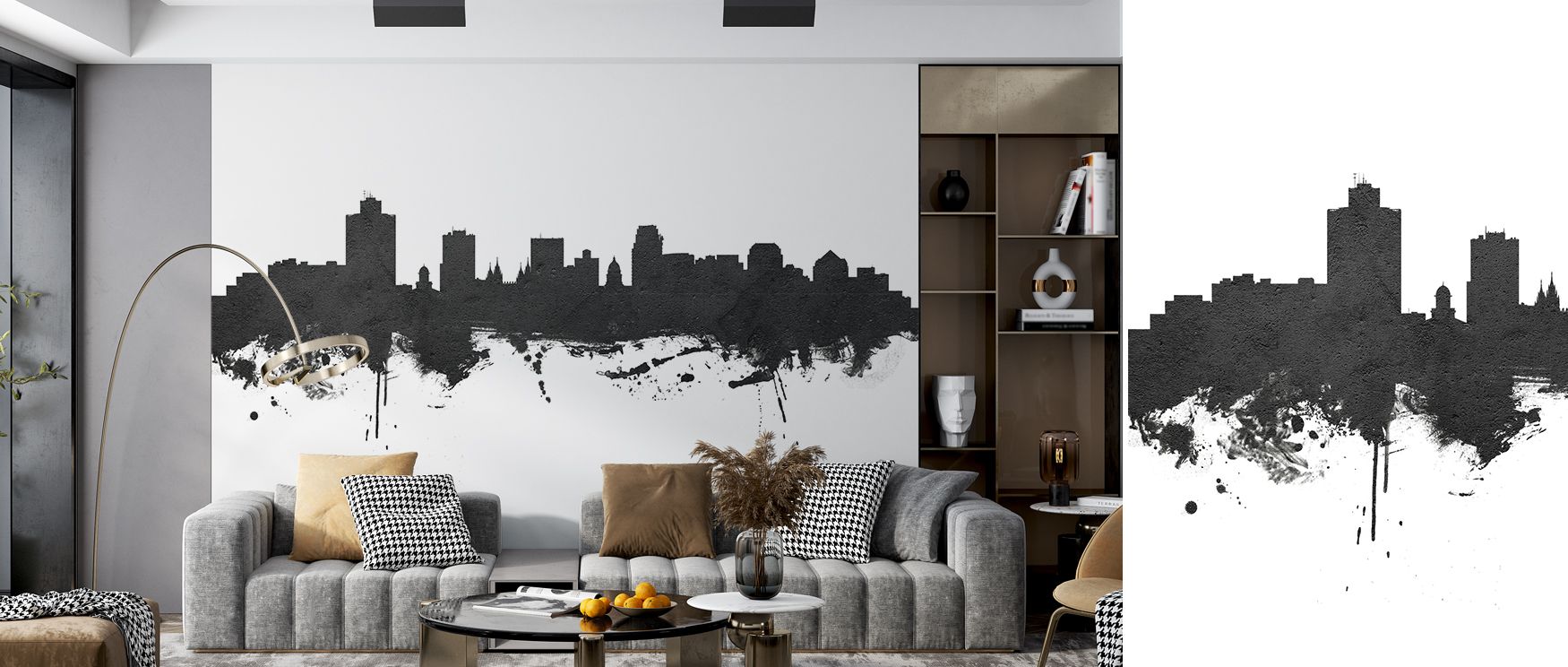 The skyline unfolds with sharp elegance, creating movement that enlivens walls. Bedrooms feel structured and restful, offices gain creative clarity, and living rooms become urban focal points filled with depth and contemporary balance through this metropo