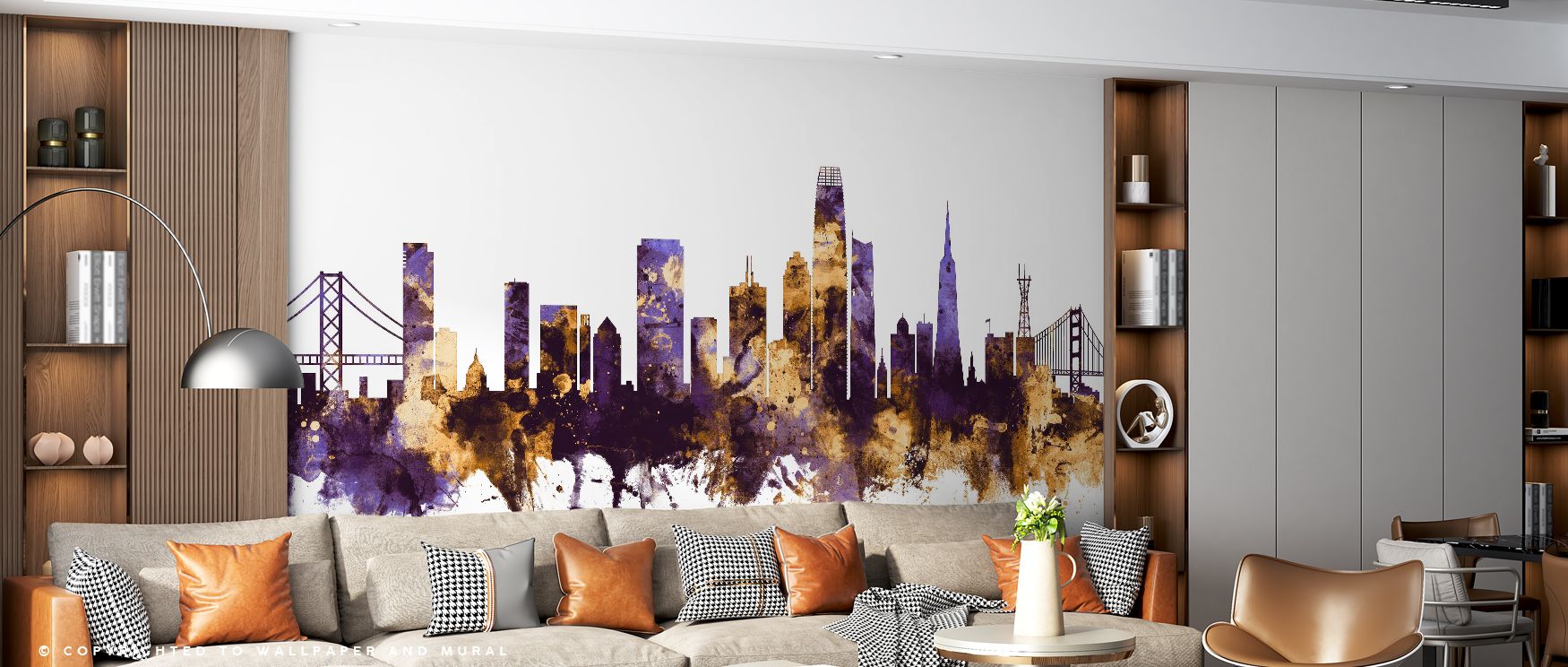 Jewel tones shimmer across the skyline, blending purple richness with golden brilliance that radiates warmth and depth. Bedrooms take on indulgent calm, offices gain creative confidence, and living rooms glow with bold sophistication inspired by San Franc