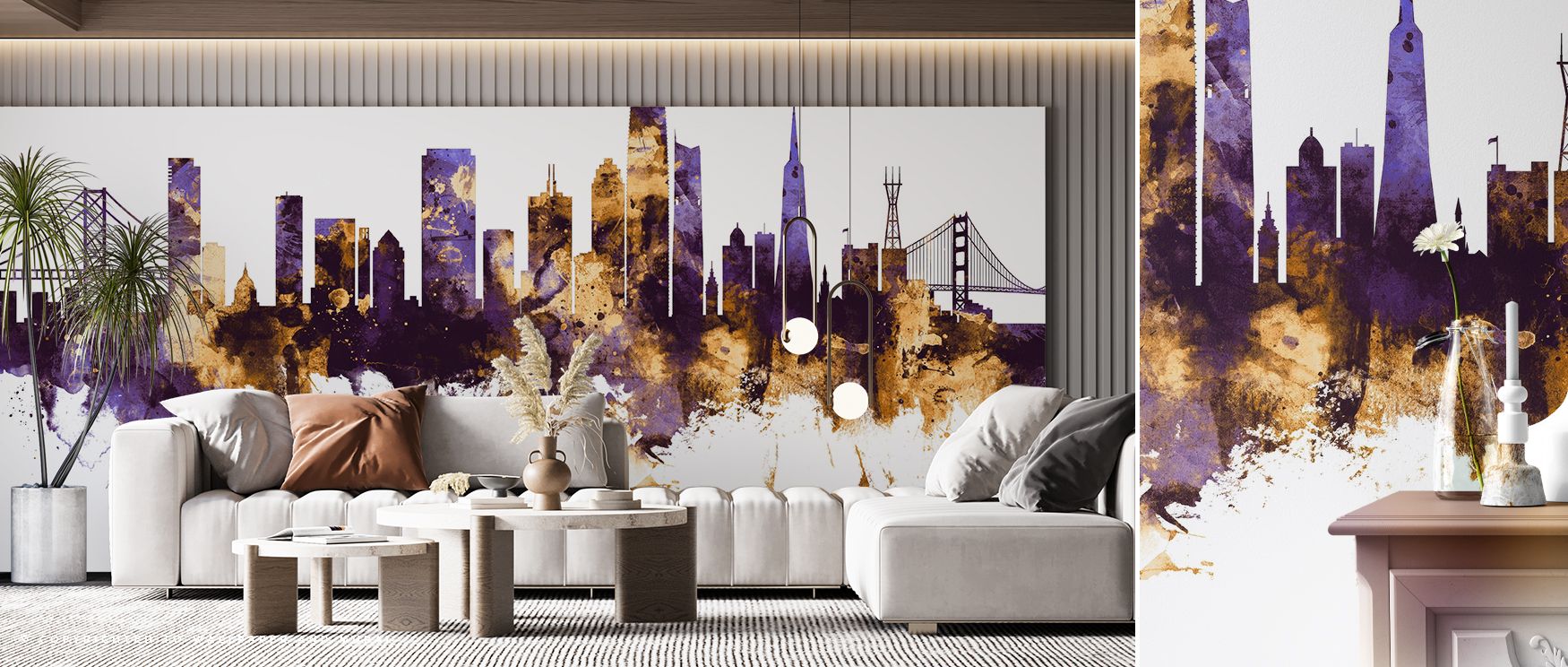 The skyline glows in vibrant balance as gold highlights play against deep purples. Bedrooms feel like serene escapes, offices brim with artistic energy, and living rooms shine with grandeur. The design reflects both modern style and cultural pride through